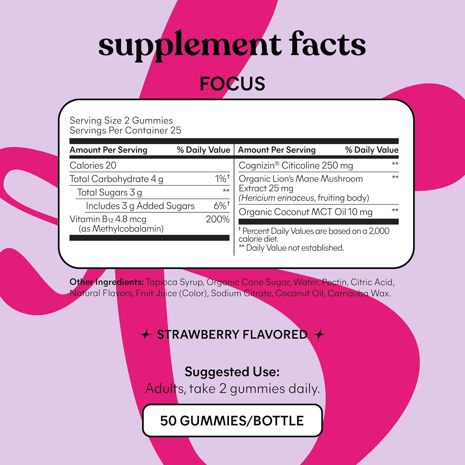 Focus Concentration & Brain Health Gummies with Cognizin Citicoline, Lion'S Mane Mushroom, Vitamin B12 to Support Focus + Concentration - Gluten Free, Caffeine Free, Strawberry (50 Count)
