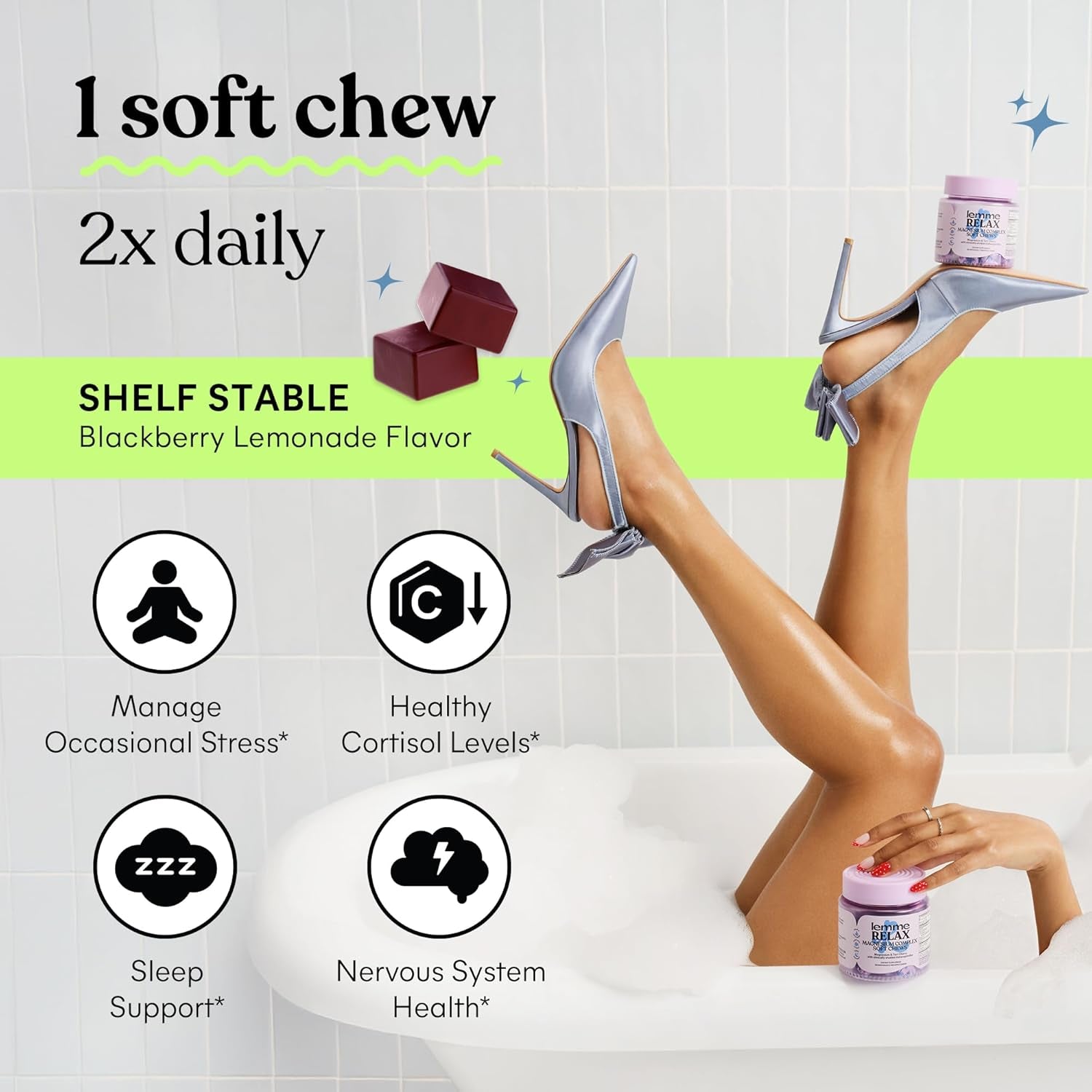 Relax Soft Chews with Magnesium Glycinate & Citrate, KSM-66 Ashwagandha + L-Theanine to Support Stress Relief, Cortisol Levels, Mood & Healthy Sleep Cycles, Blackberry Lemonade (30 Chews)