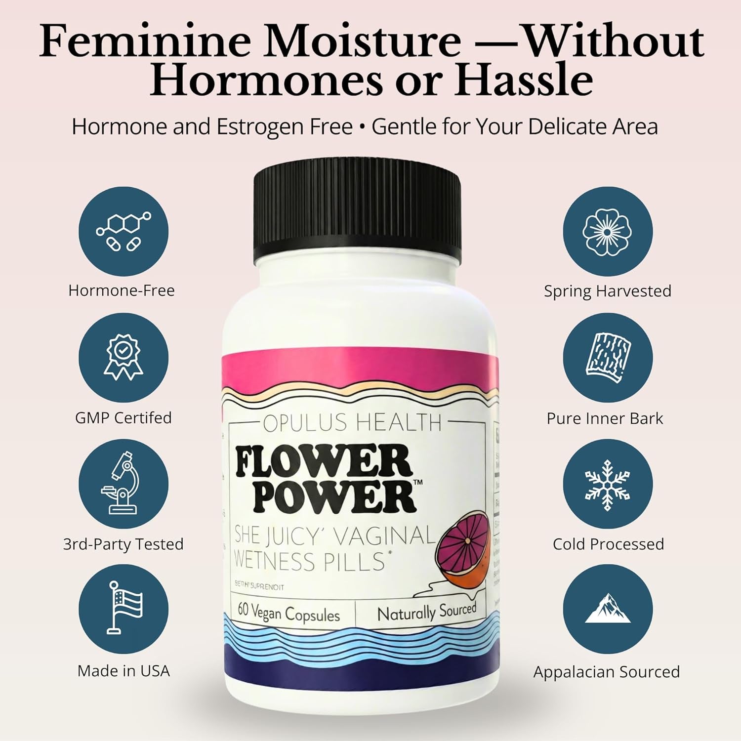 Flower Power Vaginal Moisture Capsules – Slippery Elm Bark for Vaginal Dryness & Menopause Support | Made in USA | 60 Capsules
