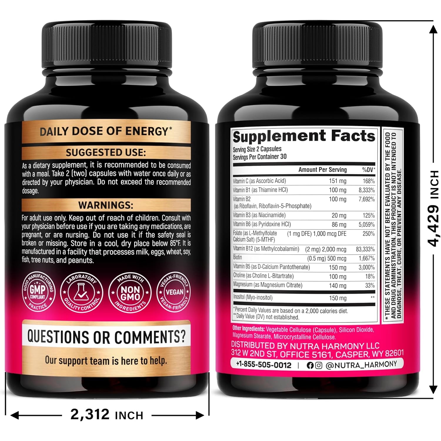 NUTRAHARMONY B-Complex Supplement — 60 Capsules | Methylcobalamin B12, Pantothenic Acid, Pyridoxine, Niacinamide | Energy & Nervous System Support
