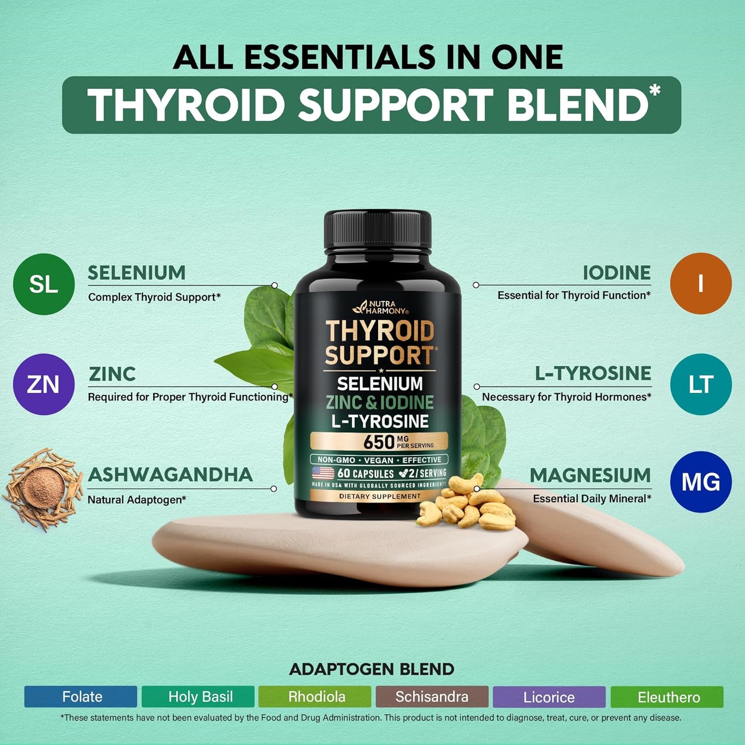 NUTRAHARMONY Thyroid Support for Women — 60 Capsules | 21-Nutrient Antioxidant Formula for Thyroid Health & Hormone Balance