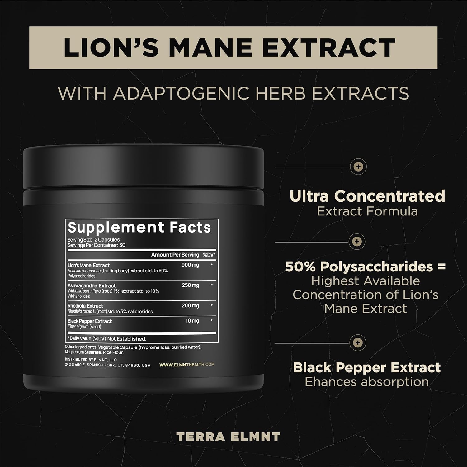 ELMNT 16X Lion's Mane Mushroom Extract – 50% Polysaccharides, Ashwagandha & Rhodiola Nootropic for Memory & Focus | Brain Health Supplement
