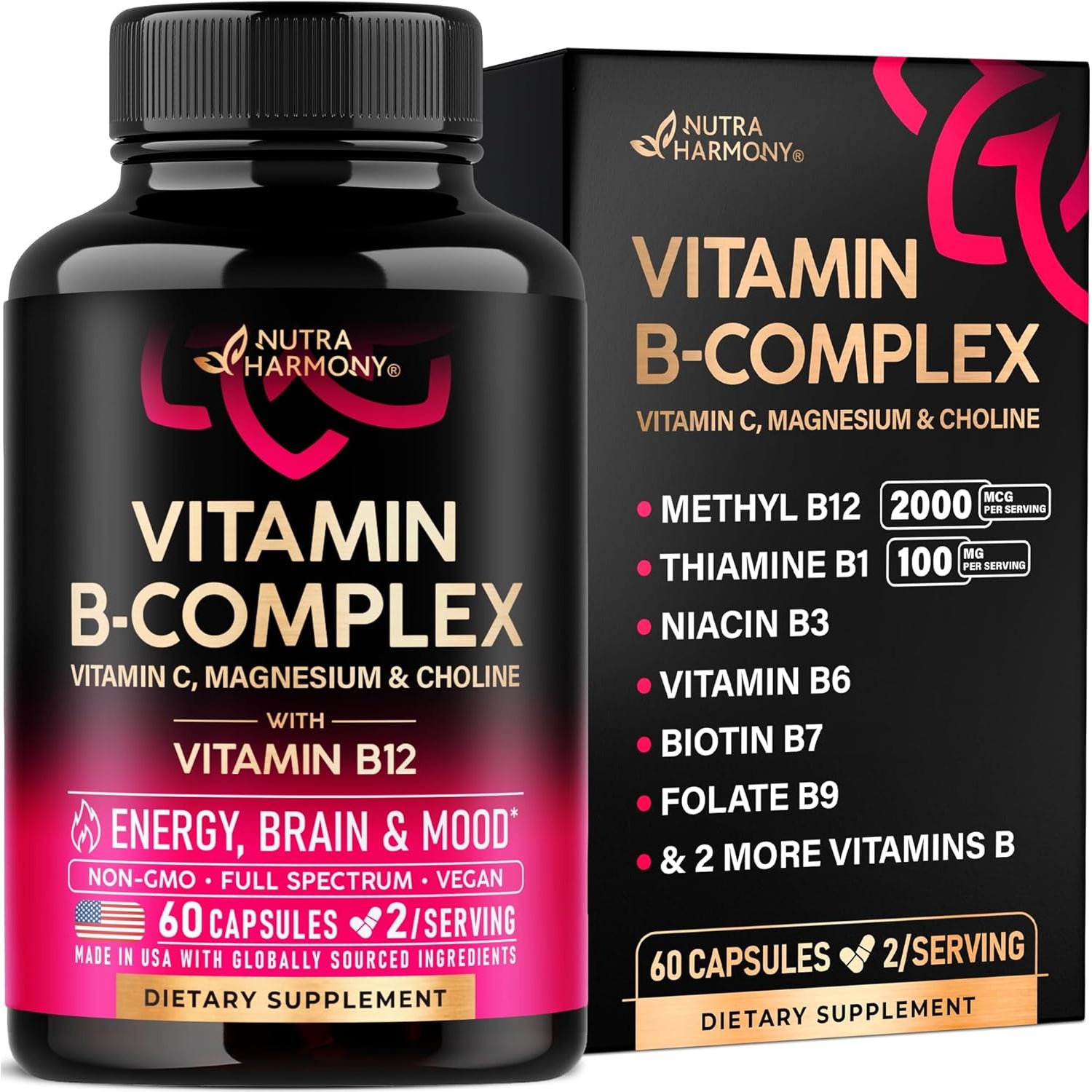 NUTRAHARMONY B-Complex Supplement — 60 Capsules | Methylcobalamin B12, Pantothenic Acid, Pyridoxine, Niacinamide | Energy & Nervous System Support