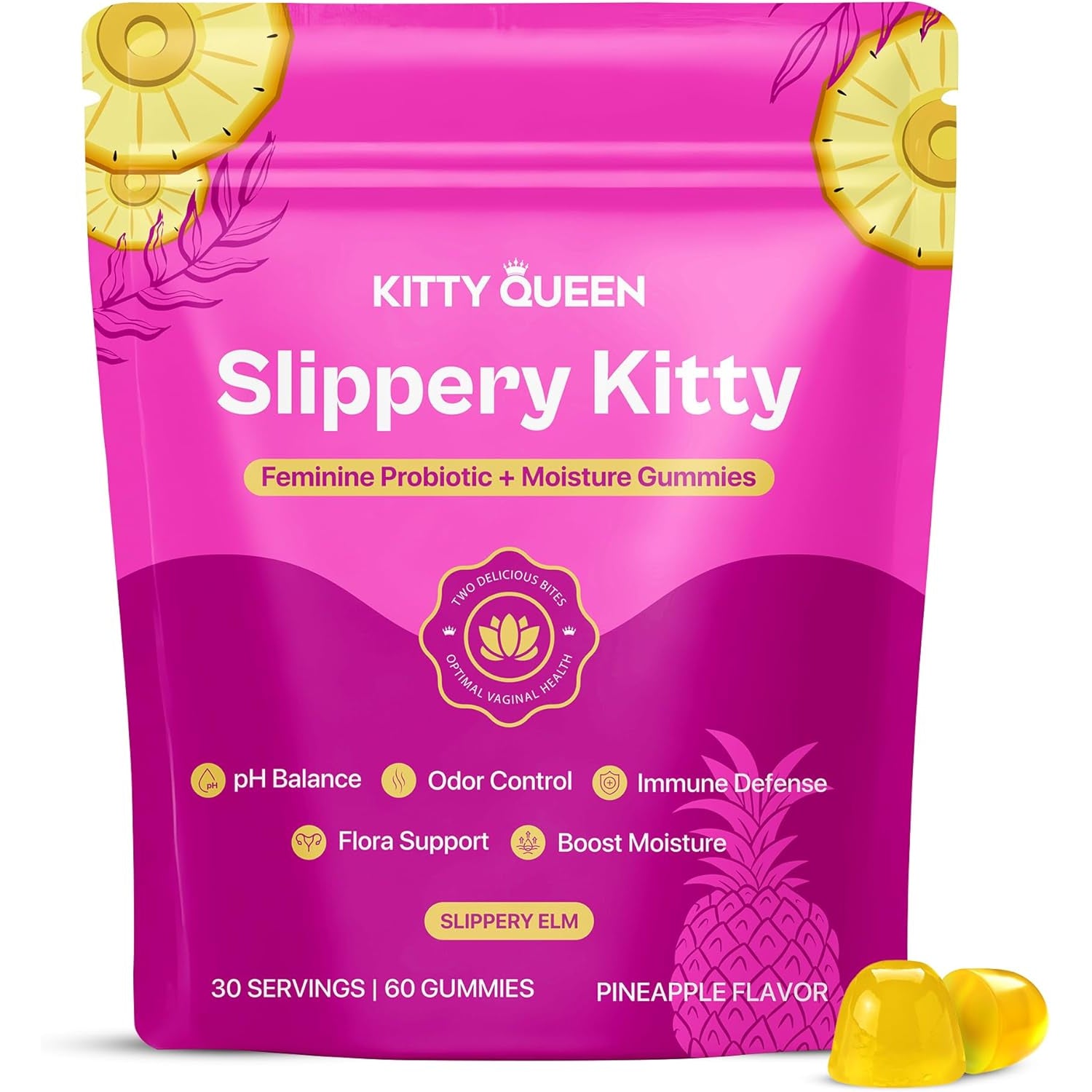 KITTYQUEEN Slippery Kitty Feminine Probiotic and Moisture Gummies, Pineapple Flavor, Women’S Probiotic Gummies for Vaginal Health, Ph Balance, Odor Control, Flora Support and Moisture Boost, 60 Count