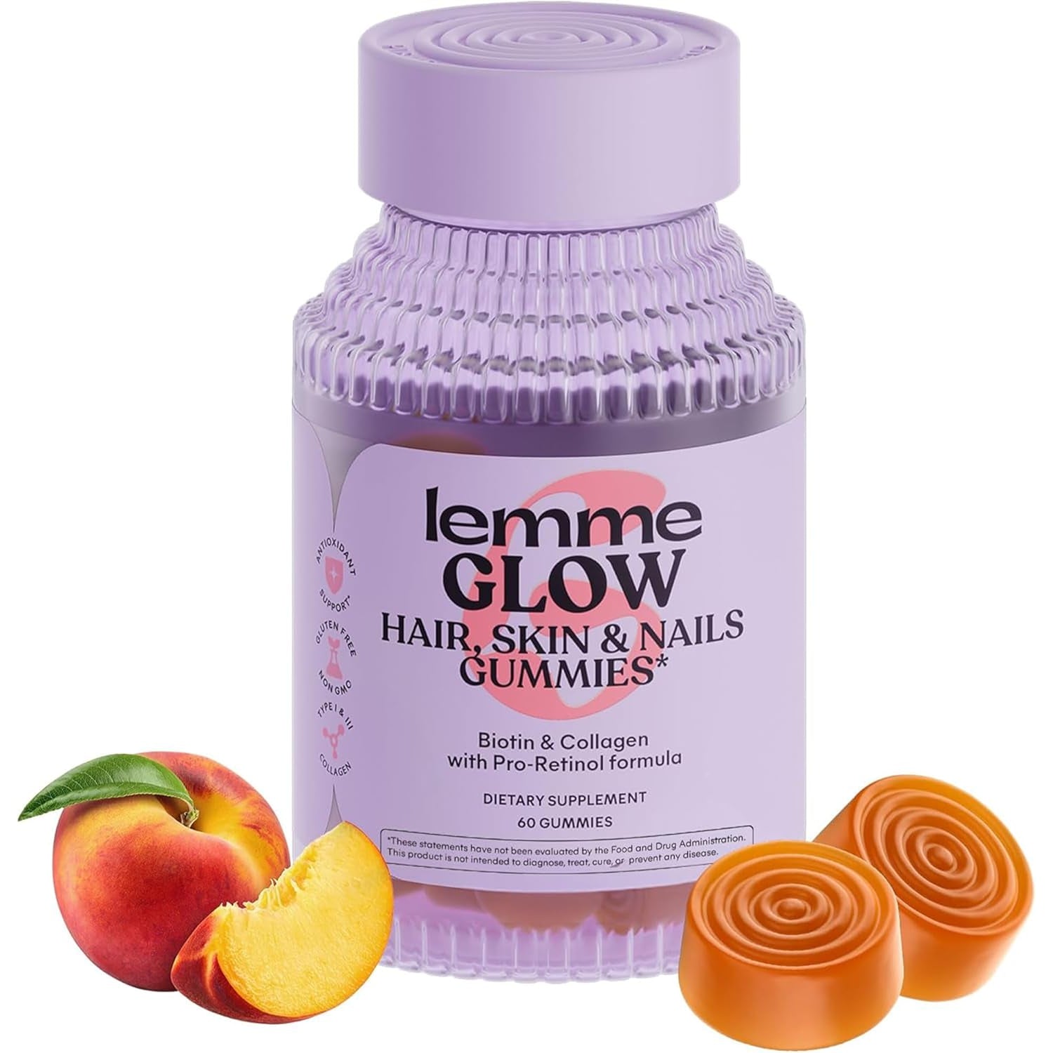 Glow Collagen Gummies for Thick Hair, Strong Nails & Healthy Skin with Multi-Collagen Peptides, Biotin, Trace Minerals, Zinc, Vitamins A, C & E, Dairy & Gluten Free, Peach Flavor, 60 Ct.