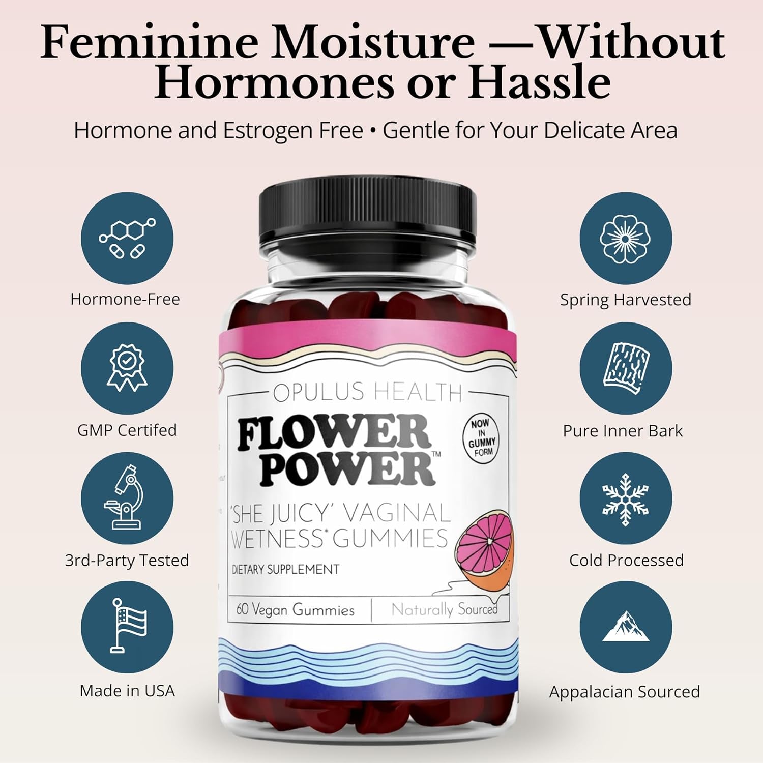 Flower Power Vaginal Moisture Gummies – Slippery Elm Bark for Vaginal Dryness & Hydration Support | Sugar-Free Blueberry | 60 Gummies
