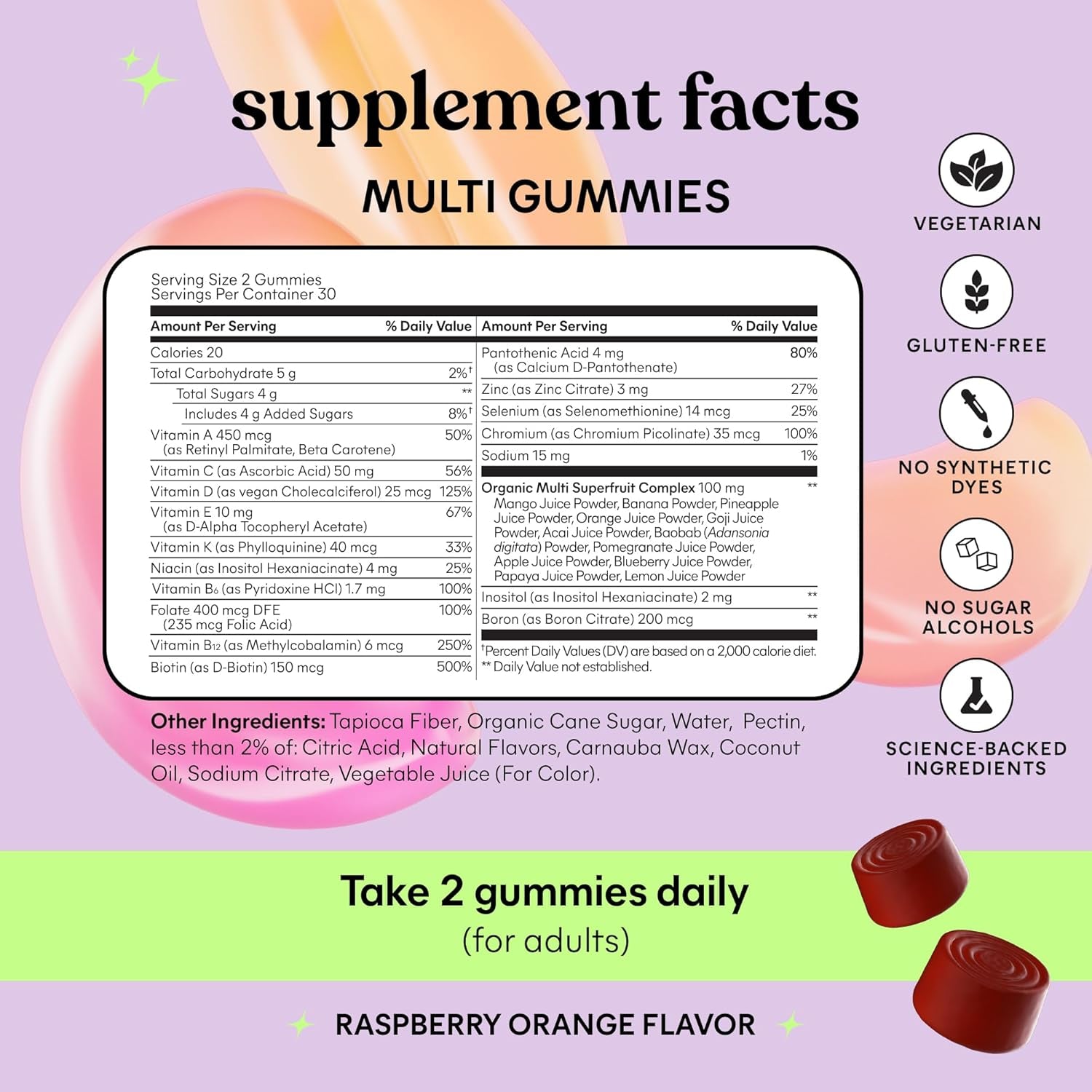 Women'S Multivitamin Gummies, Daily Nutritional Support with Vitamins A, C, D, E, Biotin, Folic Acid, Zinc & Inositol, Bone, Brain, Skin & Immune Health, Raspberry Orange, 30-Day Supply