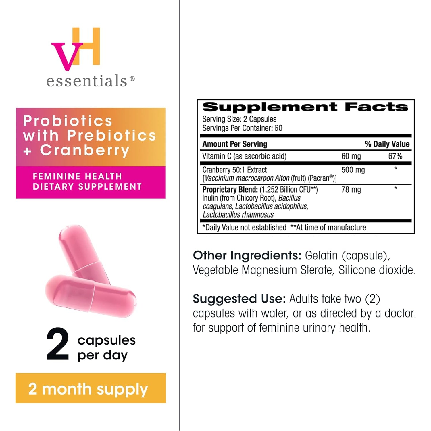 vH Essentials Women's Probiotic with Cranberry & Vitamin C – Prebiotics for Gut, Vaginal & Urinary Tract Health | 60-Day Supply | 120 Capsules