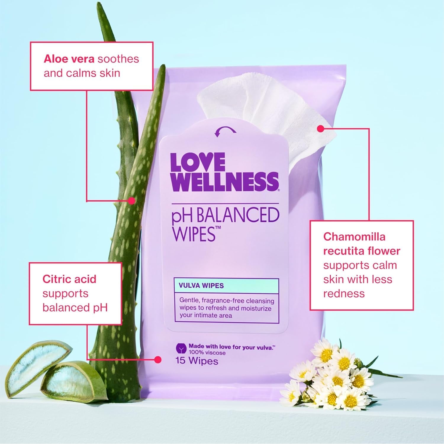 Love Wellness pH Balancing Intimate Wipes – Aloe Vera Vulva Cleanser for pH Balance & Sensitive Skin | Fragrance-Free | Travel 3-Pack