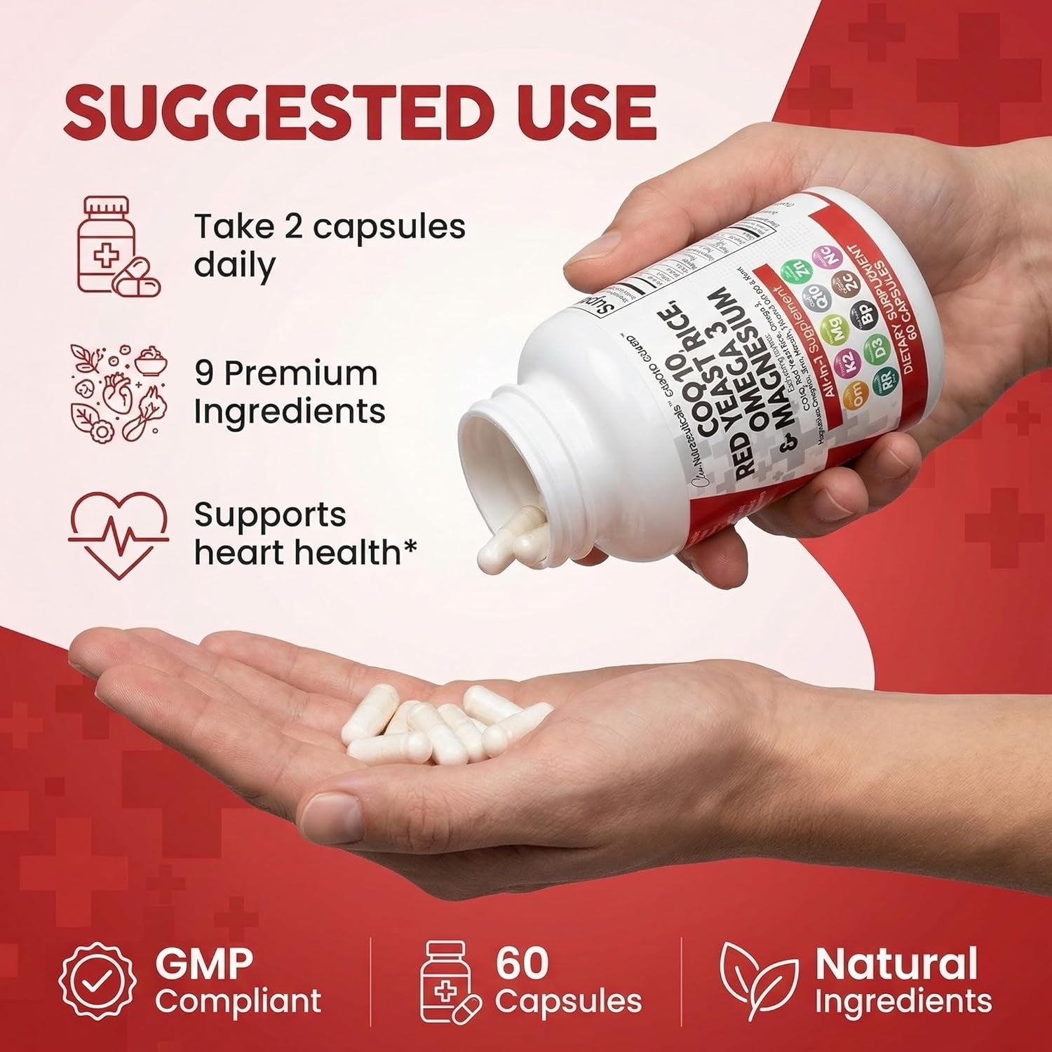 Clean Nutraceuticals COQ10 200Mg Red Yeast Rice Omega 3 Magnesium Complex 500Mg Niacin Zinc Vitamin K2 D3 - Heart Support Vitamins for Women & Men W/Vitamin B3, Coenzyme Q10-60 Ct