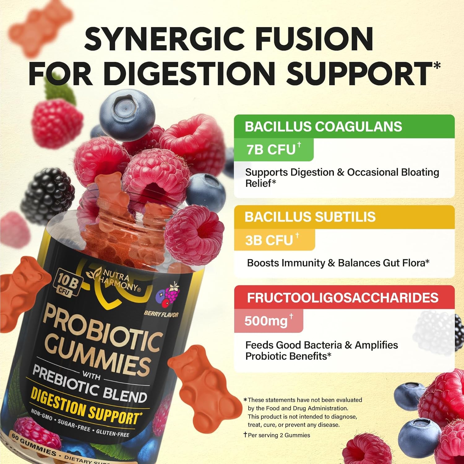NUTRAHARMONY Probiotic Gummies — 60 Count | 10 Billion CFU with Prebiotic Fibre | Gut Health & Digestive Balance Support