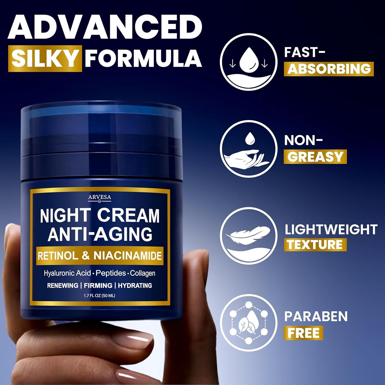 Night Cream for Women anti Aging - Night Moisturizer for Face with Retinol, Peptides, Niacinamide - Anti-Wrinkle, Firming & Hydrating Skin Care - Fragrance-Free, Non Greasy Overnight Face Cream