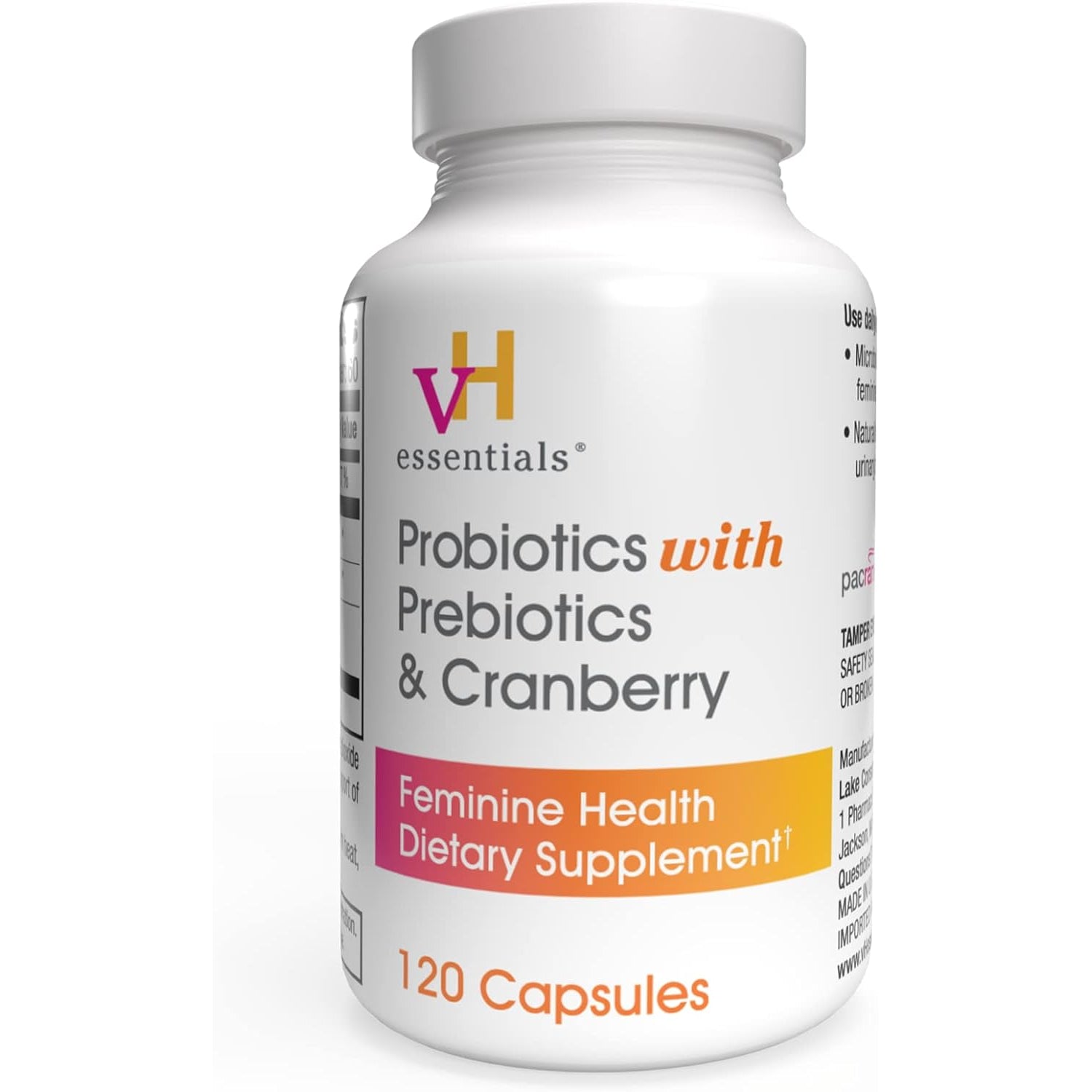 vH Essentials Women's Probiotic with Cranberry & Vitamin C – Prebiotics for Gut, Vaginal & Urinary Tract Health | 60-Day Supply | 120 Capsules