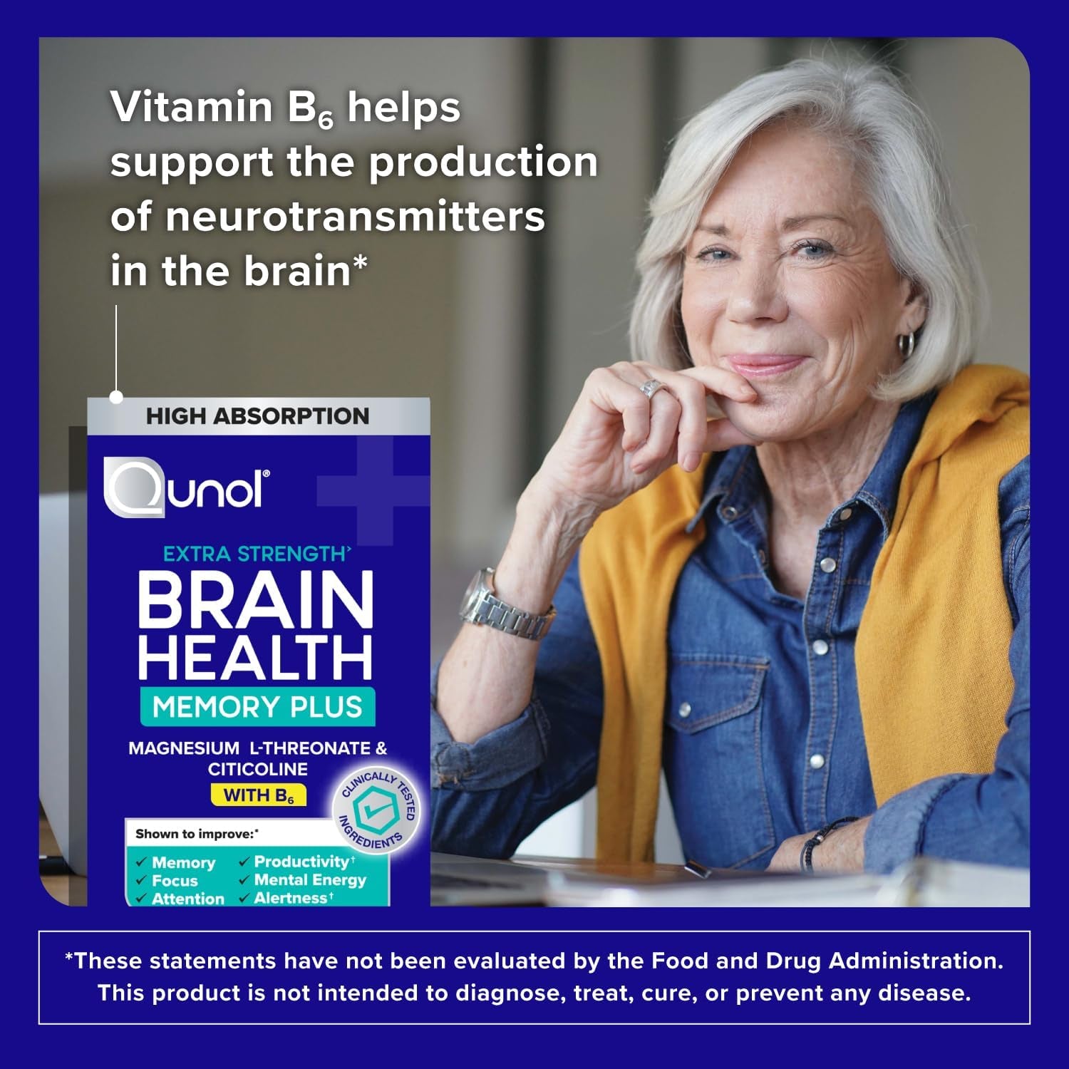 Qunol Brain Health Memory plus with B6, Magnesium L-Threonate & Citicoline, Clinically Tested Ingredients to Improve Memory, Focus, Attention and Productivity, 60 Count (Pack of 1)