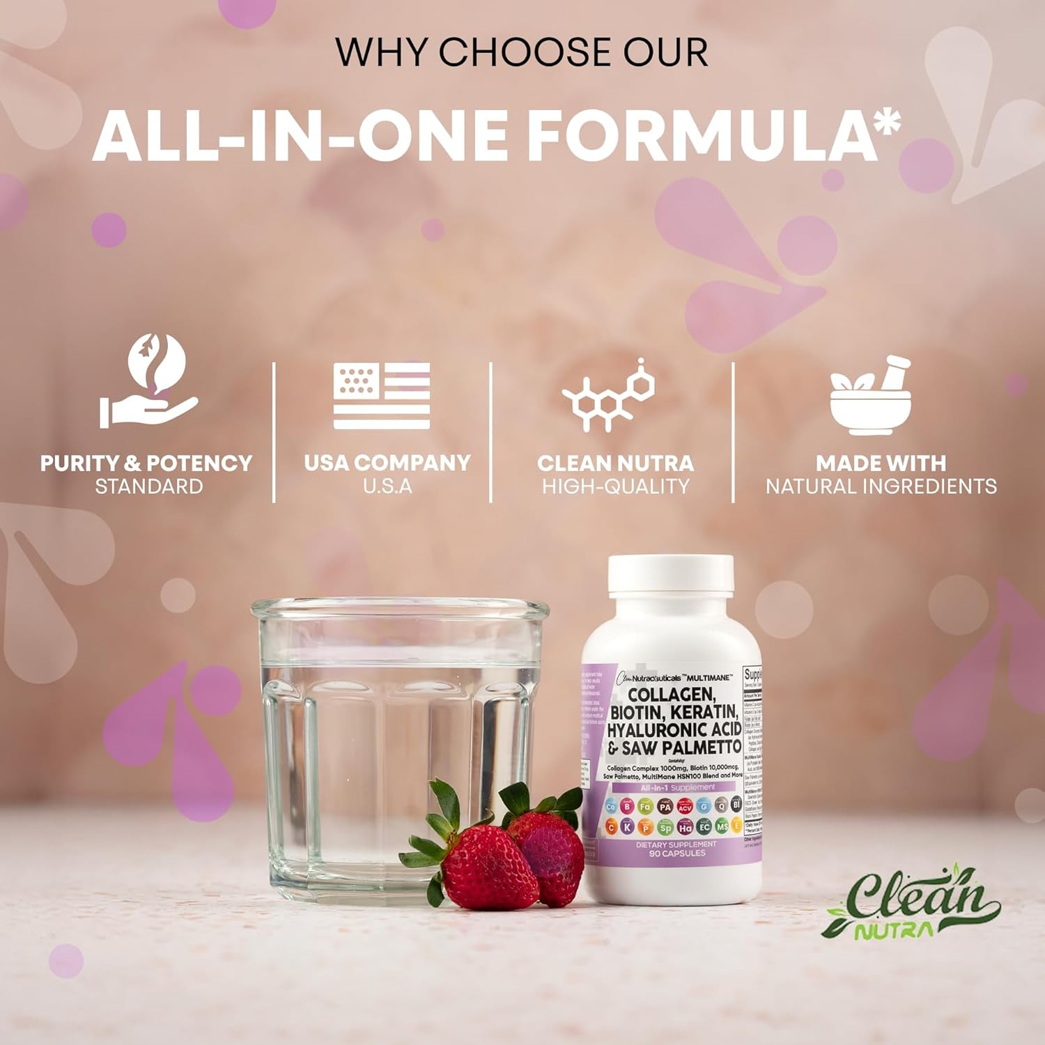 Clean Nutraceuticals Collagen Pills 1000Mg Biotin 10000Mcg Keratin Saw Palmetto Hyaluronic Acid - Hair Skin & Nails Vitamins & DHT Blocker with Vitamin E Folic Acid Pumpkin Seed MSM - 90 Count