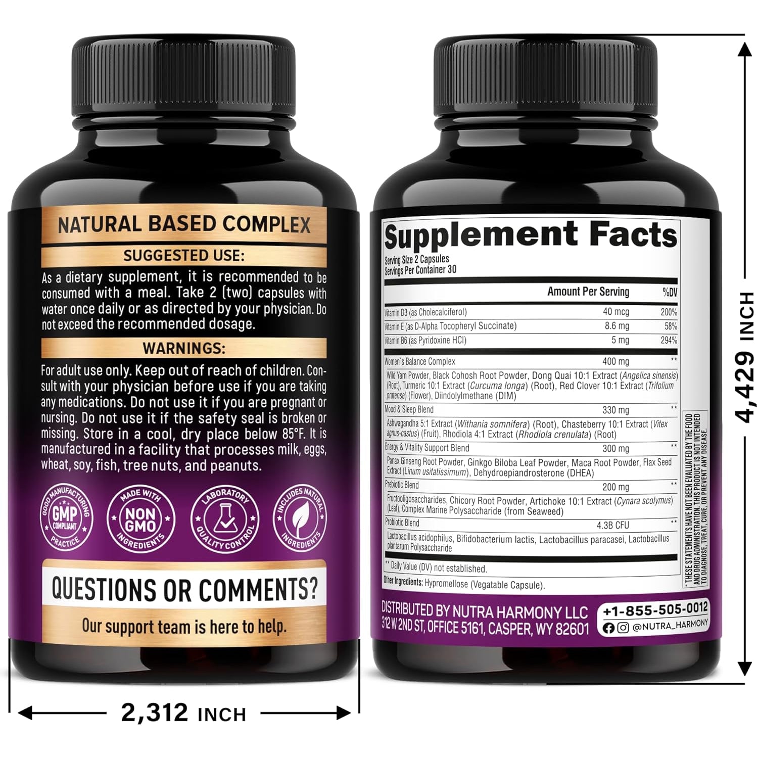 NutraHarmony Menopause Supplements for Women - Dong Quai, Black Cohosh, Pre & Probiotics - Sweats & Hot Flashes Relief - Digestion, Sleep & Mood Support - 25-In-1 Perimenopause Complex - Lab Tested - 60 Capsules