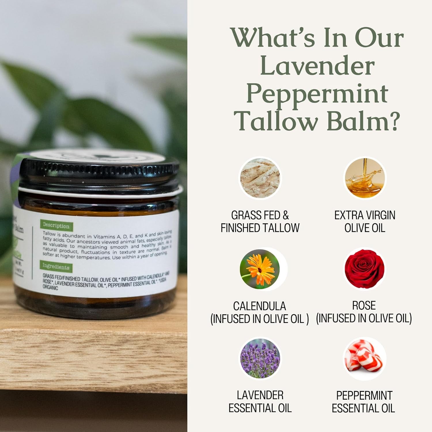 Hearth & Homestead Whipped Beef Tallow for Skin - 100% Grass Fed, Eczema Cream & Body Butter - Organic Olive Oil, Calendula & Rose - Lotion & Hand Moisturizer for Dry Skin, Lavender Peppermint, 1.3Oz