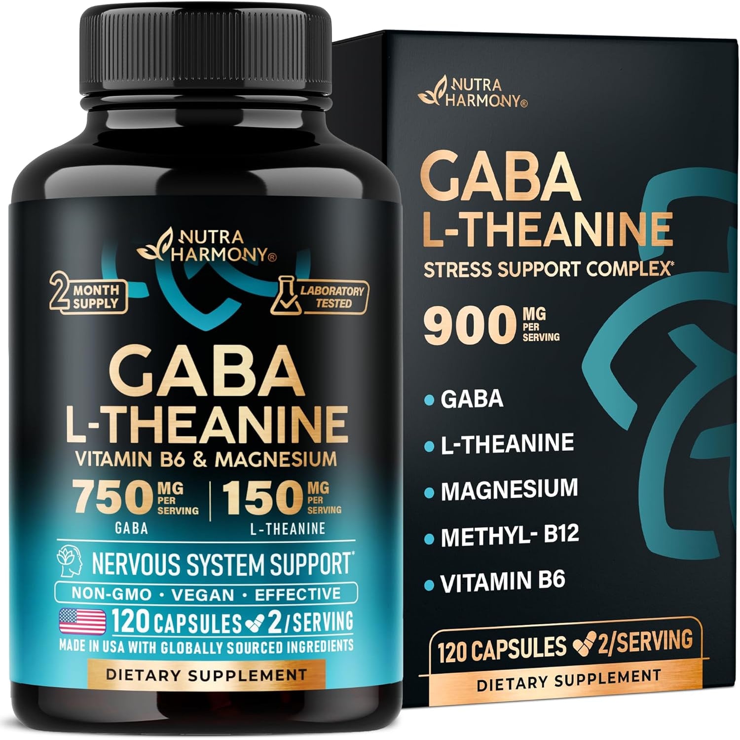 NUTRAHARMONY GABA & L-Theanine Supplement — 60 Capsules | Natural Relaxation, Calm & Sleep Quality Support