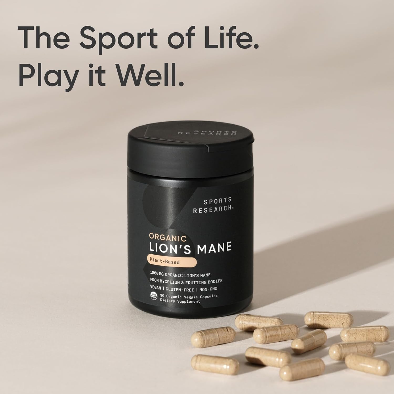 Sports Research® Organic Lion'S Mane Mushroom Supplement 1800Mg - Brain Health, Focus & Cognitive Supports - USDA Certified Organic · Non-Gmo · Vegan - 90 Count Capsules