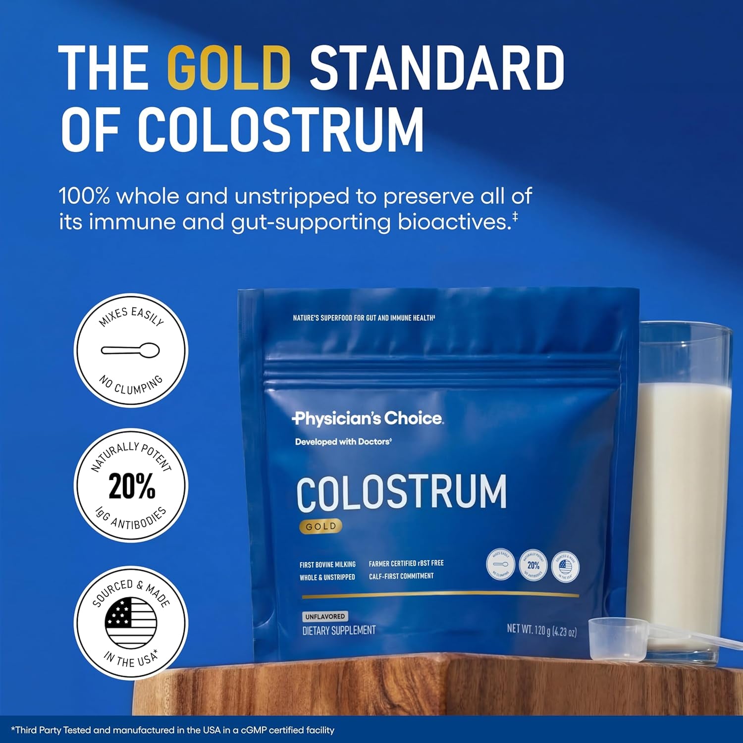 Physician's Choice Colostrum Gold Powder – First-Day Milking | Gut Health & Immune Support | IgG Antibodies & Bioactive Nutrients | Whole & Unstripped | Made in USA | 60 Servings