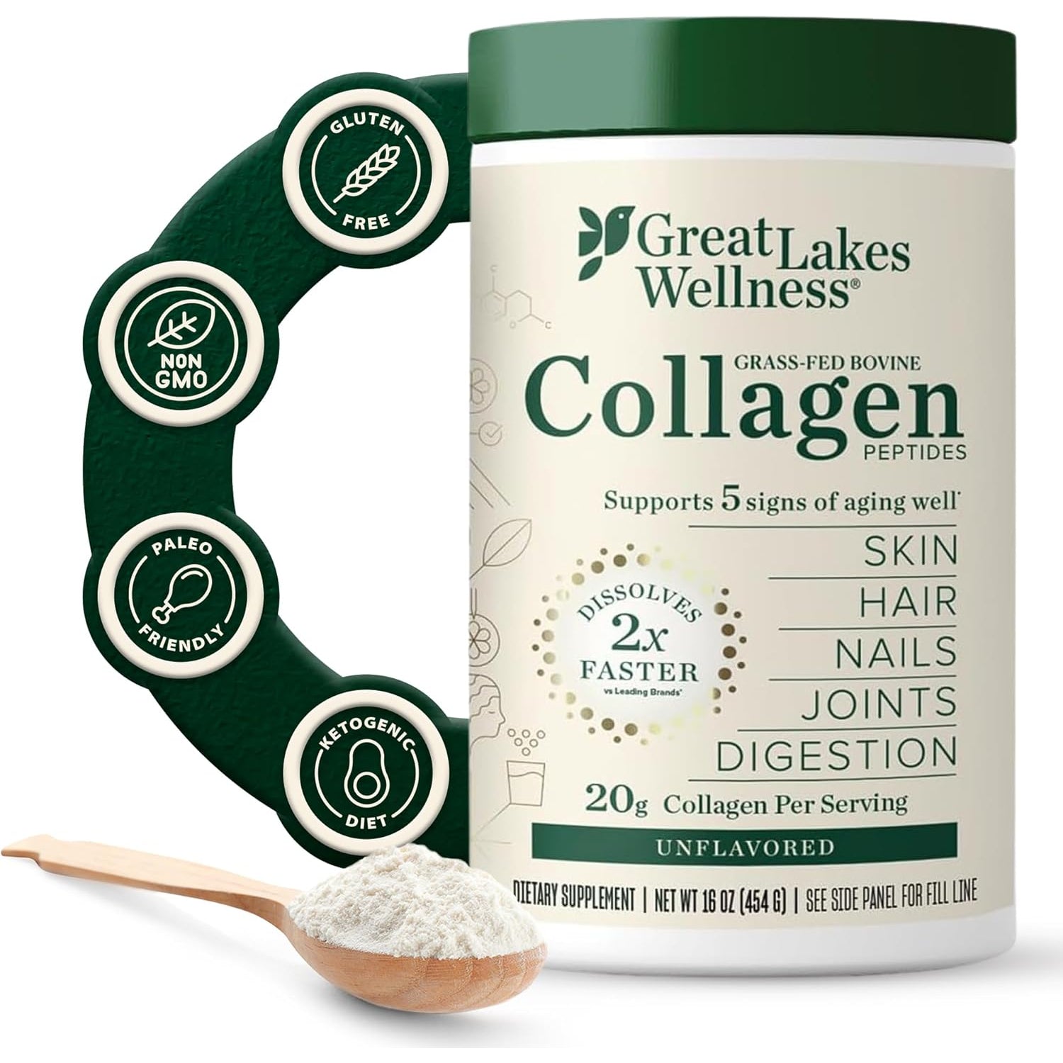 Great Lakes Wellness Collagen Peptides Powder, 454g tub