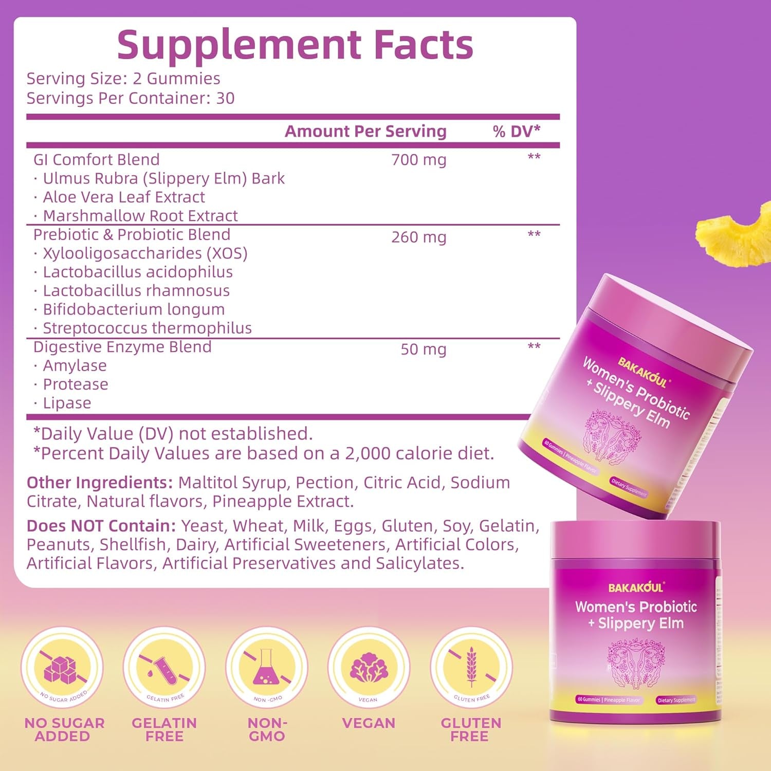 BAKAKOUL Feminine Probiotic Gummies – Slippery Elm, Prebiotics & Probiotics for pH Balance & Immune Health | Vegan | Pineapple | 60 Gummies