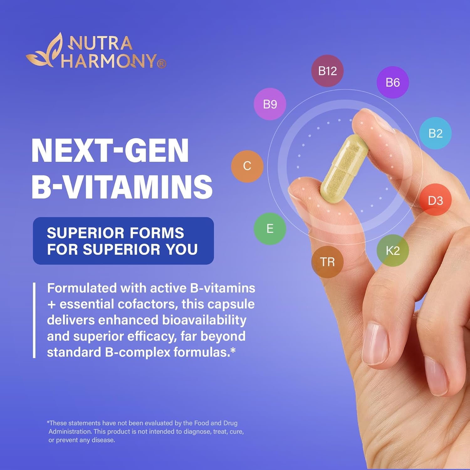NutraHarmony 9-in-1 Methylated Multivitamin – 120 Vegan Capsules | B2, B6, B12, 5-MTHF & TMG | Vitamins C, D3, E & K2 | Energy, Brain & Mood Support