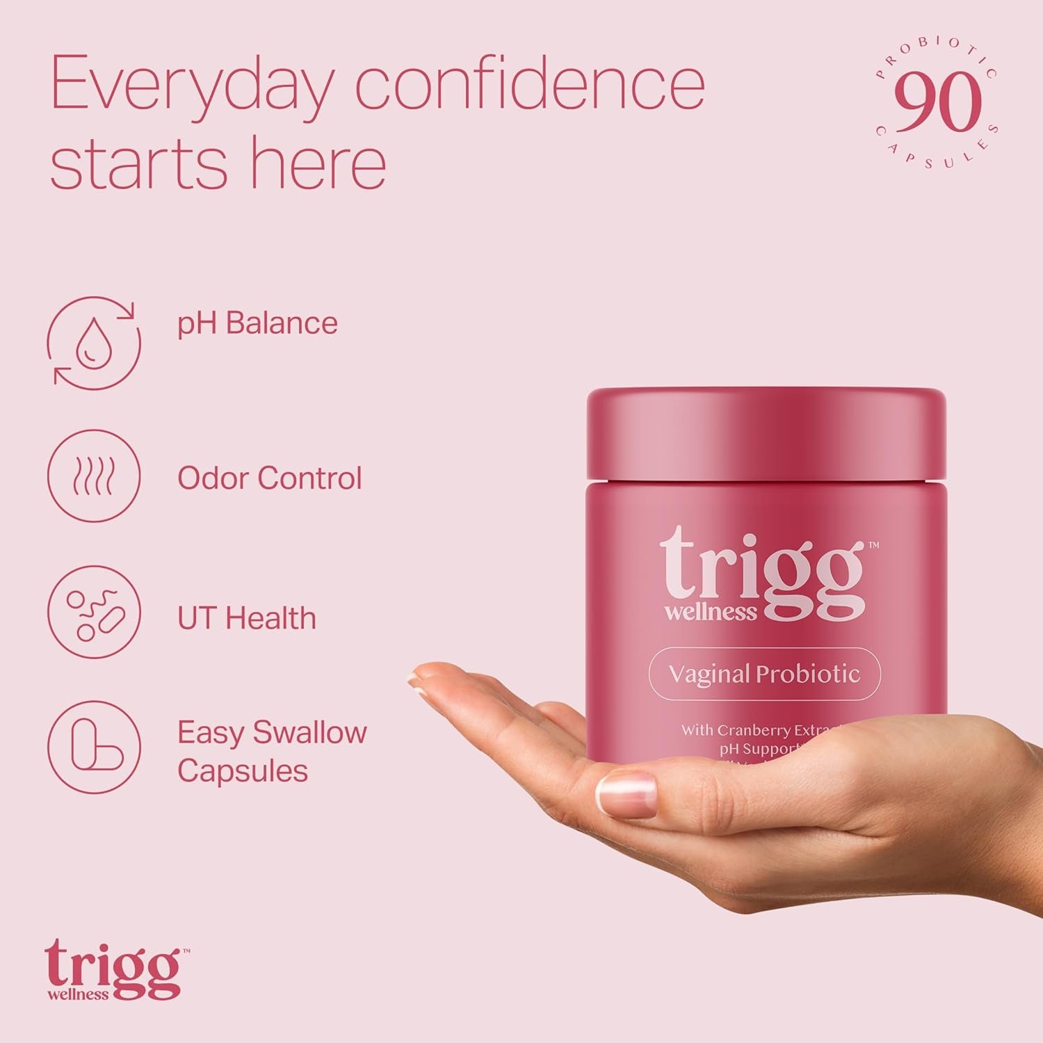 Trigg Vaginal Probiotics for Women- Ph Balance, Digestion, UT- Female Health Supplement with Cranberry- Prebiotic Blend, Lactobacillus- Promote Healthy Vaginal Odor & Flora- Feminine Probiotic- 90 Ct