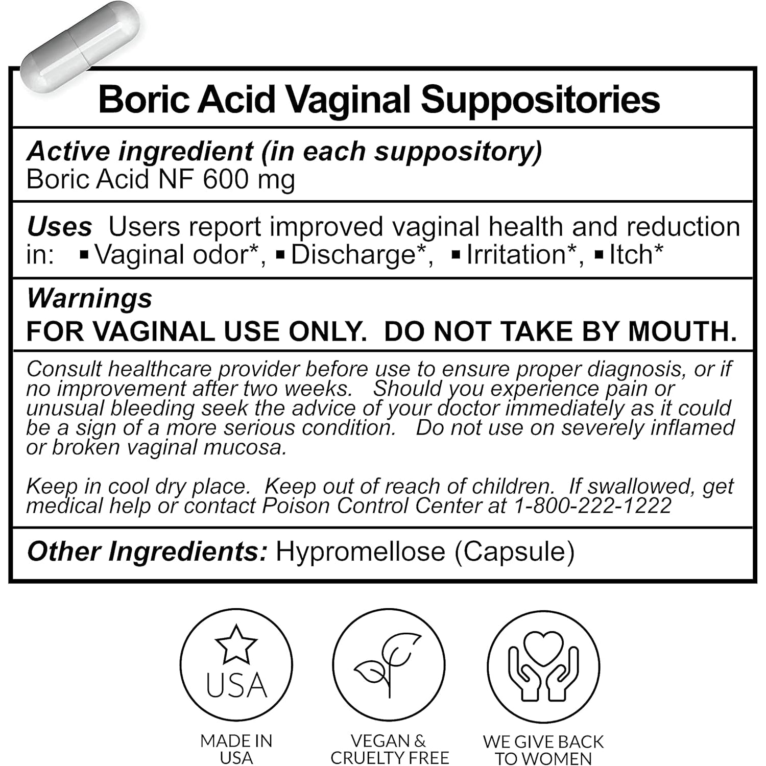 Flower Power Boric Acid Suppositories – 600mg for Vaginal pH Balance & Freshness | Vegan | Made in USA | 30 Count