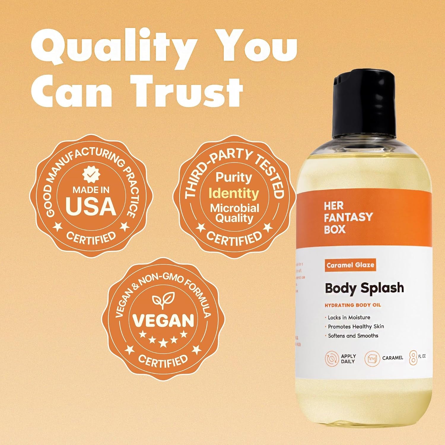 Her Fantasy Box | Body Splash Caramel Glaze Fragrance Oil – Warm Caramel & Vanilla Gourmand Scent, Lightweight Hydrating Body Oil, Vegan & Cruelty Free