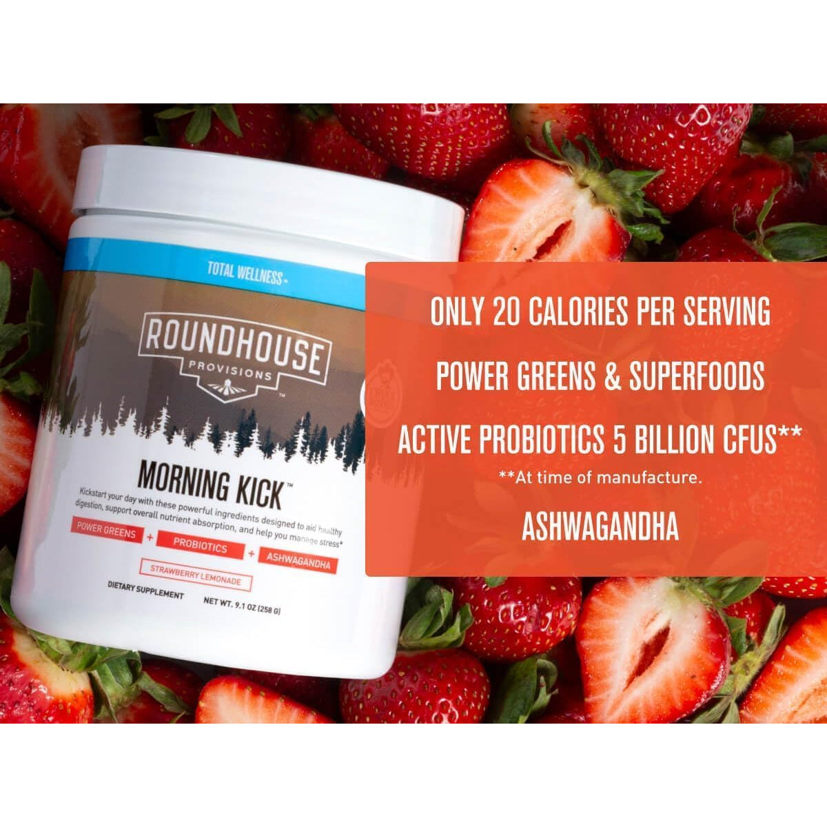 ROUNDHOUSE PROVISION Morning Kick, Zero Sugar Greens Superfood Powder Supplement with Ashwagandha, Collagen, Probiotics, Debloat Drink, 30 Servings (Strawberry Lemonade) by Chuck Norris