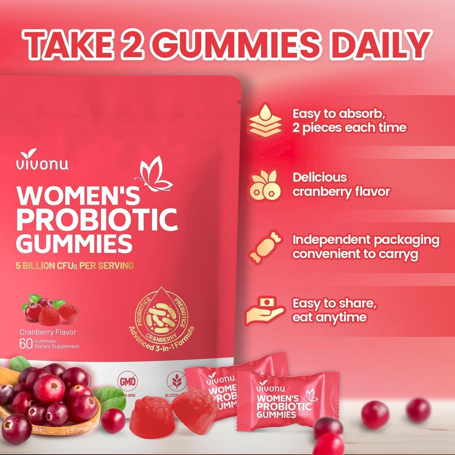 Vivonu Women's Probiotic Gummies – 60 Count | 500 Million CFUs & Fibre | Feminine Balance, Digestive & Gut Health | Vitamin C Immune Support