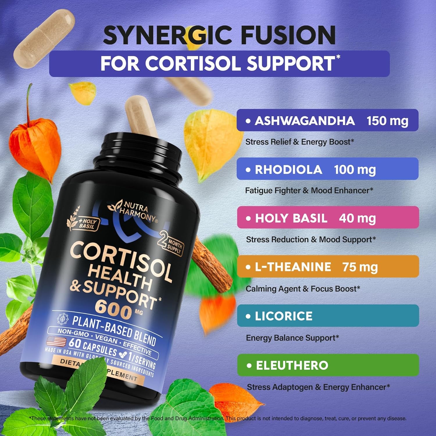 NUTRAHARMONY Cortisol Balance Supplement — 60 Capsules | 11-in-1 Adaptogen Blend for Stress Relief & Adrenal Support