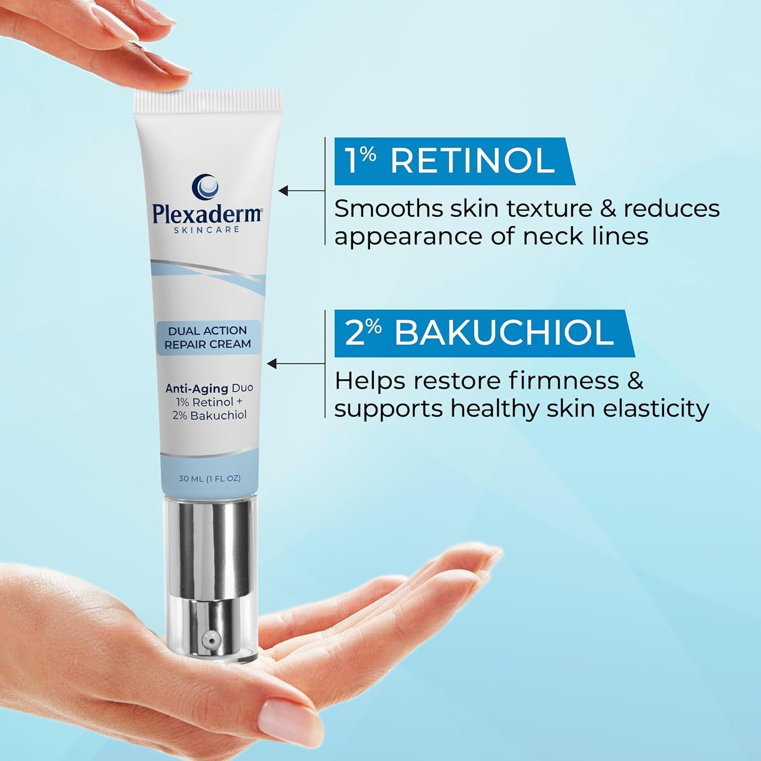 Plexaderm Dual Action Repair 1% Retinol Neck Cream. anti Aging Cream with Retinol, Bakuchiol, and Hyaluronic Acid to Fight Wrinkles, Neck Lines and Crepey Skin, 1 Fl. Oz.