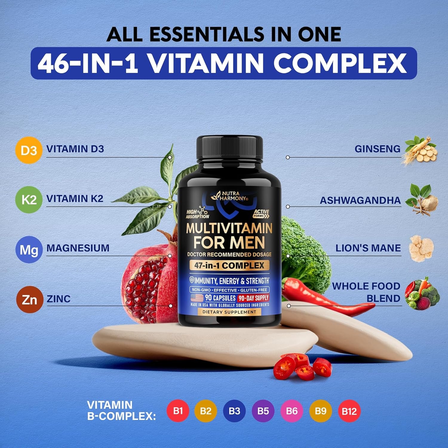 NUTRAHARMONY Men's Daily Multivitamin — 90 Capsules | B-Complex, Energy & Immune Support | Bioavailable Formula | Vegan