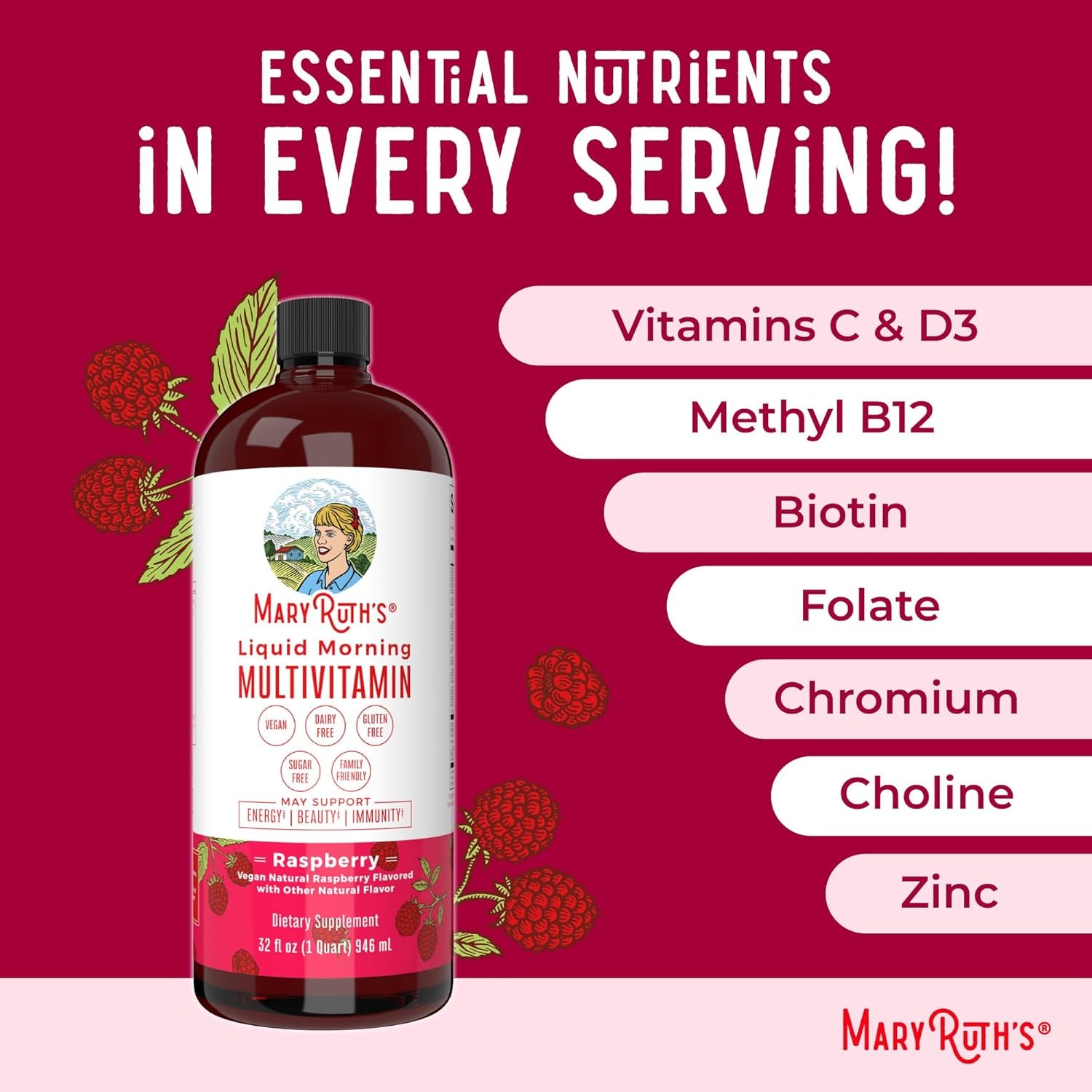 MaryRuth's Liquid Morning Multivitamin — 946ml | Vitamins A C D E B6 B12 Biotin & Zinc | For Women, Men & Kids | Vegan, Non-GMO & Gluten Free | 32 Servings