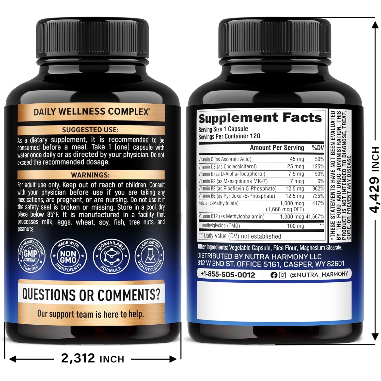 NutraHarmony 9-in-1 Methylated Multivitamin – 120 Vegan Capsules | B2, B6, B12, 5-MTHF & TMG | Vitamins C, D3, E & K2 | Energy, Brain & Mood Support