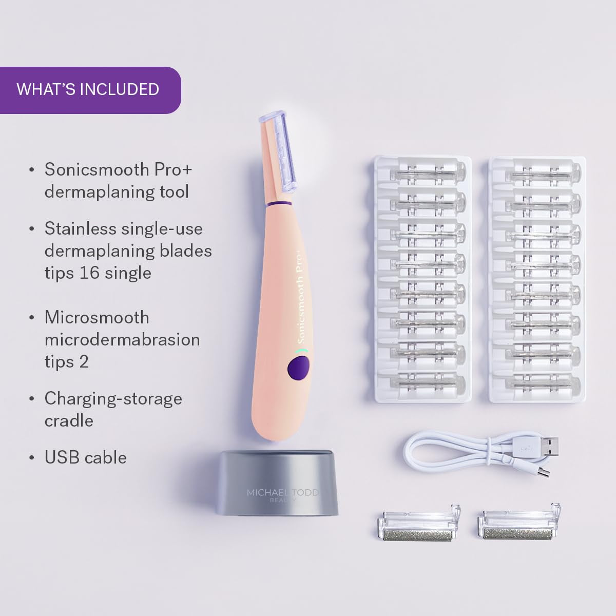 Michael Todd Beauty Sonicsmooth Pro+ Dermaplane Razor for Women Face + Eyebrow Trimmer Dermaplaning System W/Led Light Peach Fuzz Remover -16 Dermaplaning Blades & 2 Microsmooth Exfoliation Tips