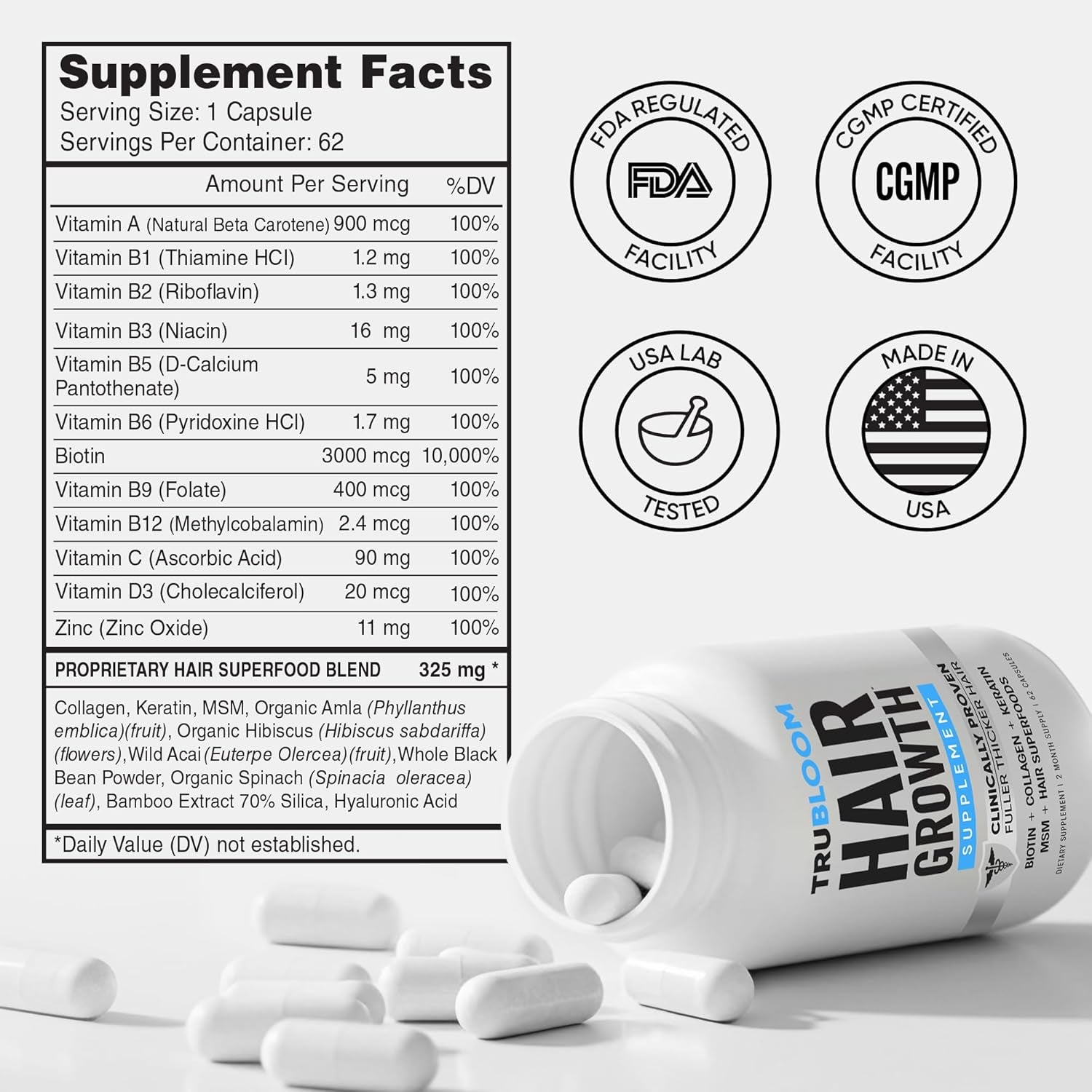 TRU BLOOM Hair Growth Vitamins – 2 Month Supply | Clinically Proven & Dermatologist-Tested for Fuller, Thicker Hair | Biotin, Collagen, Keratin, MSM, Zinc & Vitamin D3