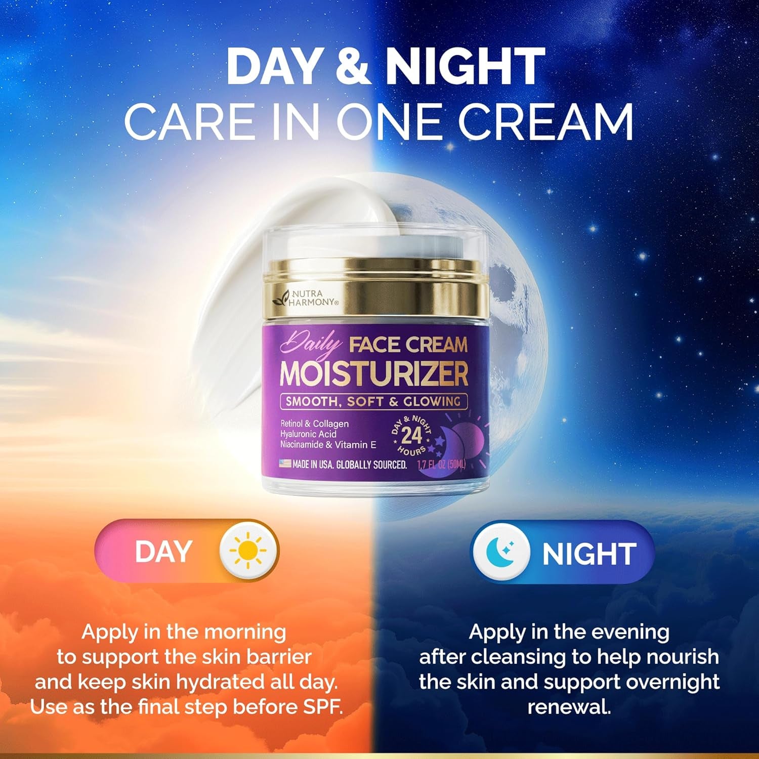 NUTRAHARMONY Hydrating Face Moisturiser - 50ml | Hyaluronic Acid & Ceramides | Dermatologically Tested | For All Skin Types