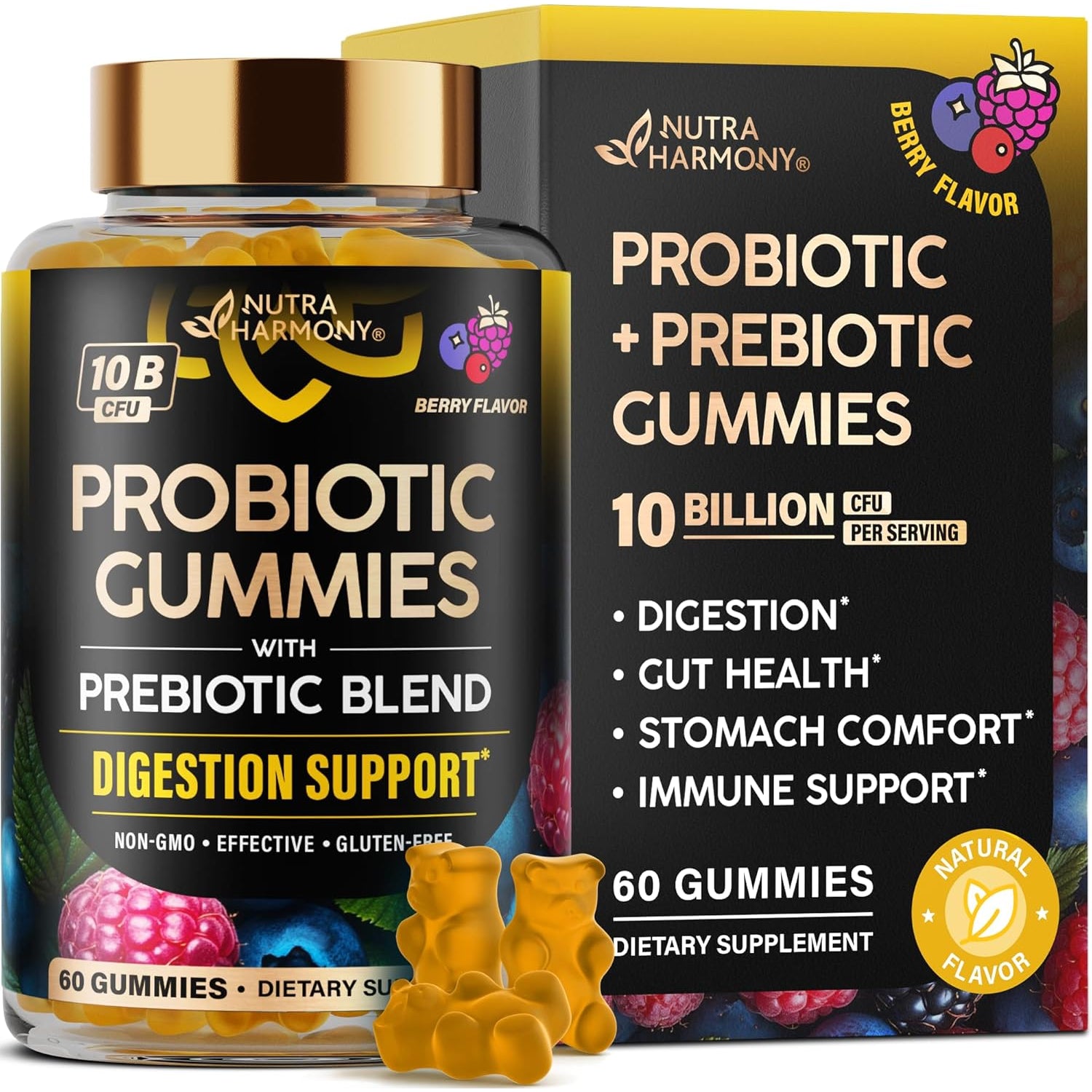 NUTRAHARMONY Probiotic Gummies — 60 Count | 10 Billion CFU with Prebiotic Fibre | Gut Health & Digestive Balance Support