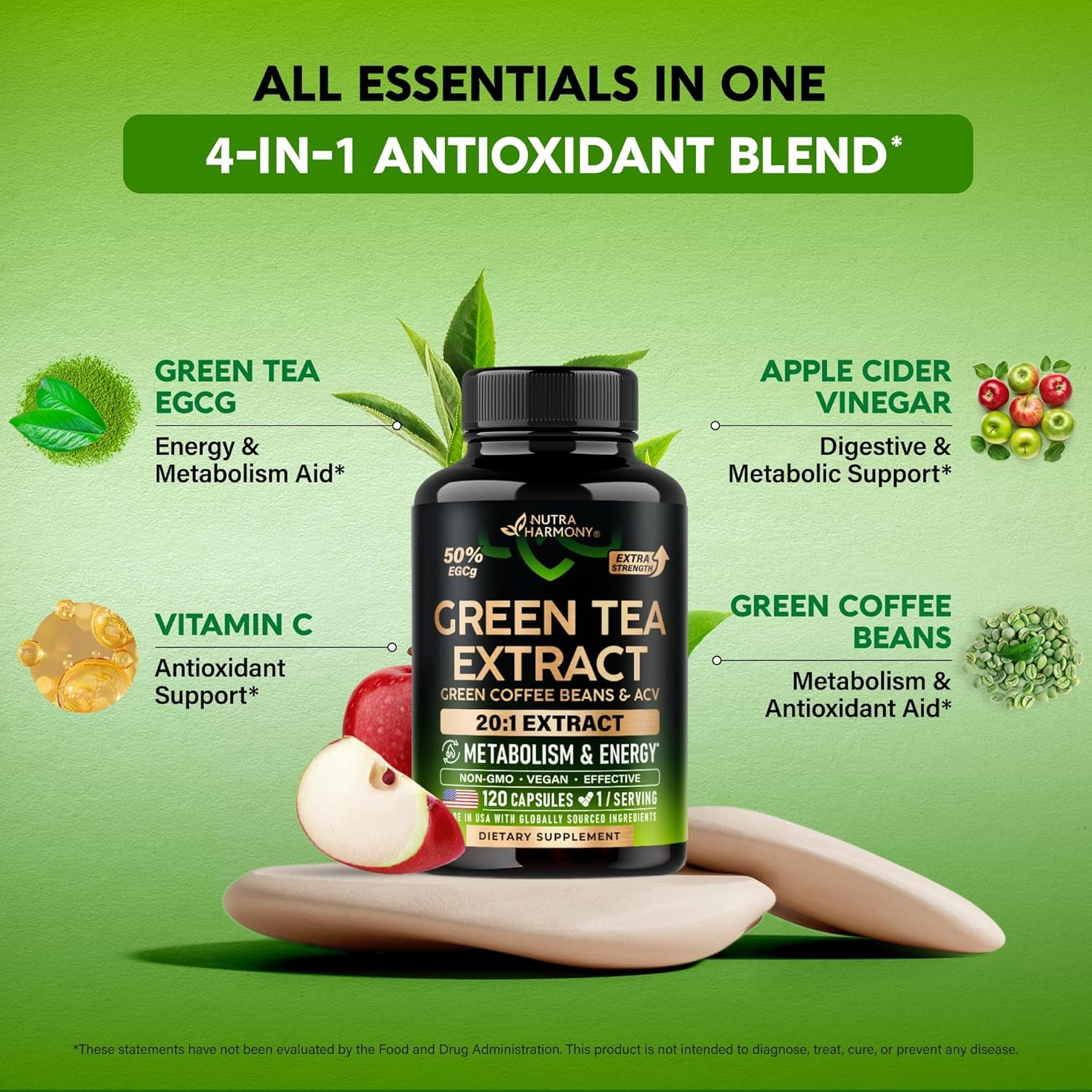 NutraHarmony Green Tea Extract 50% EGCG – 120 Vegan Capsules | 20:1 Extra Strength | Green Coffee Bean & Apple Cider Vinegar | Energy & Metabolism Support