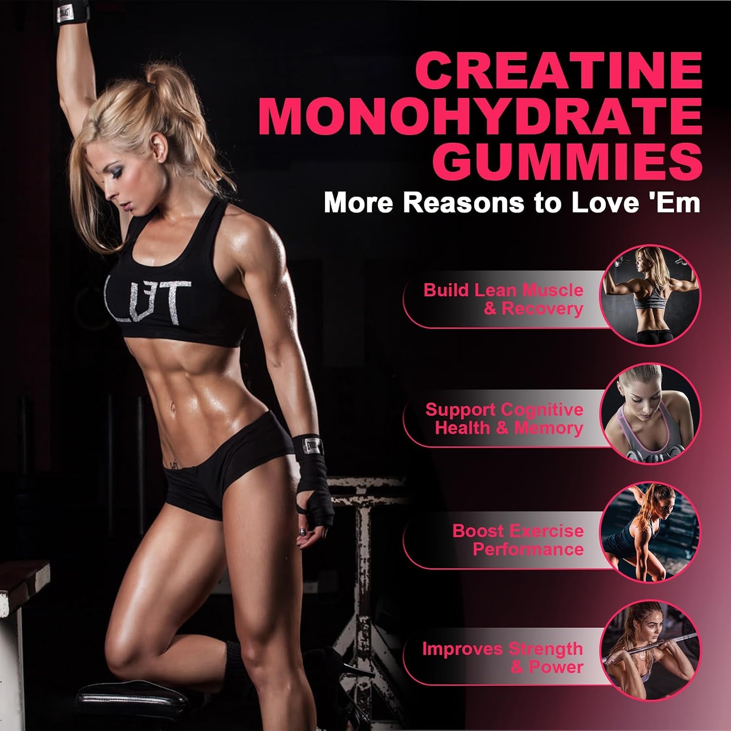 Creatine for Women, Creatine Monohydrate Gummies with Collagen, BCAA, L-Carnitine & Taurine, Strawberry Flavor, Energy Creatine Supplement for Muscle Strength, Energy Boost, Sugar Free, 120 Count