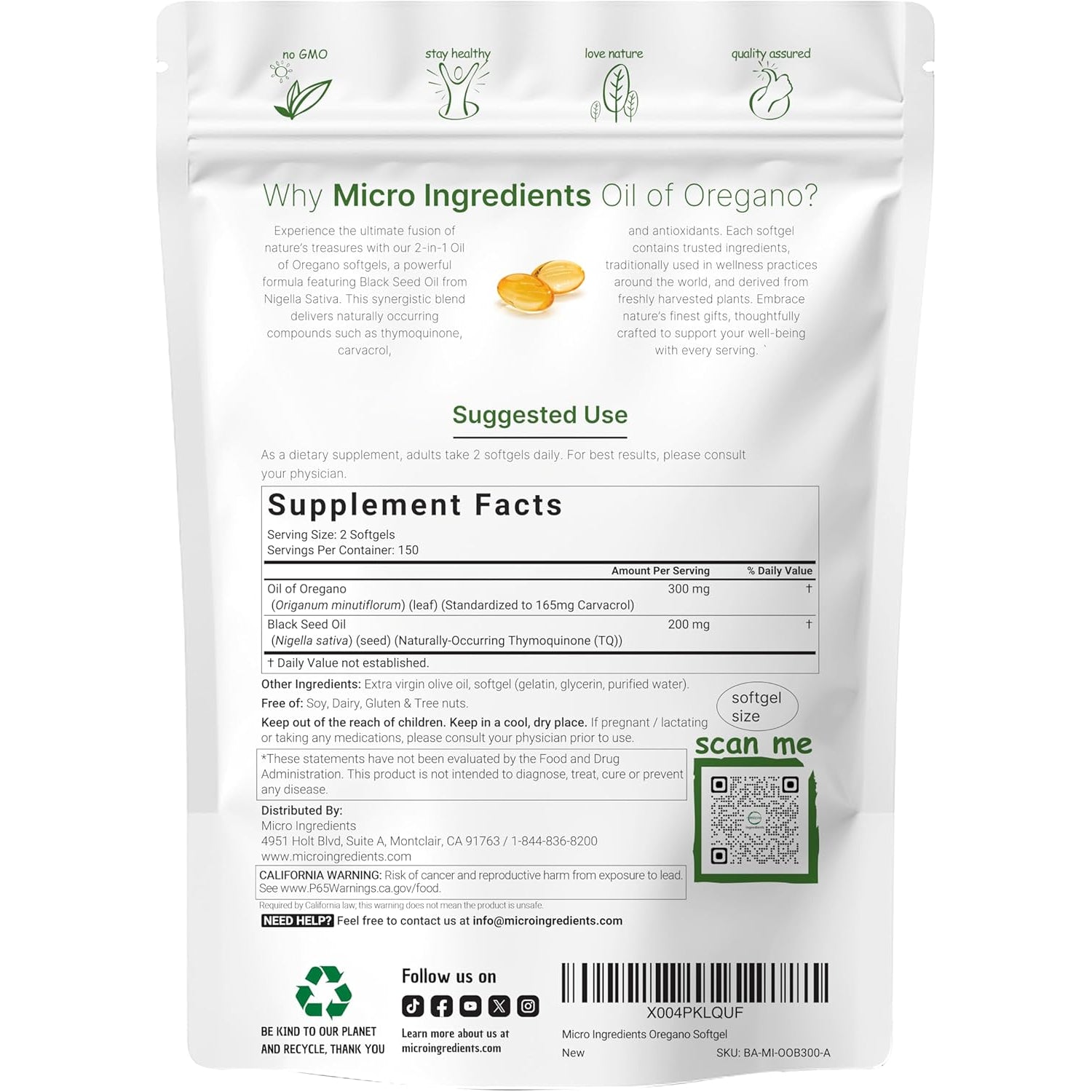 Micro Ingredients Oil of Oregano Softgels, 300 Count | 2 in 1 Formulated with Black Seed Oil | 4X Strength Carvacrol & Thymoquinone | Plant Based, Non-Gmo