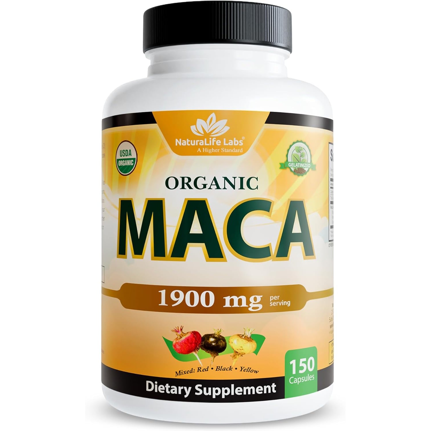Naturalife Labs Organic Maca Root – Black, Red & Yellow – 1900 Mg per Serving – 150 Capsules – Gelatinized Peruvian Maca – Non-Gmo, Gluten-Free, Vegan