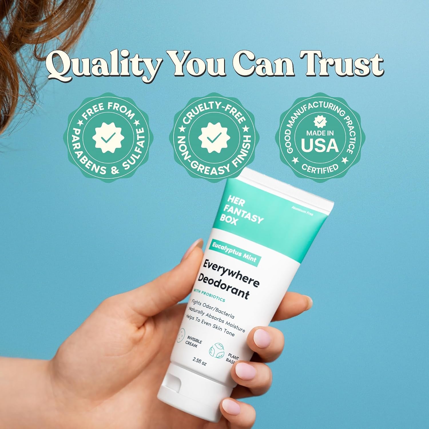 Her Fantasy Box | Everywhere Deodorant | with Probiotics - Mint Scent | Aluminum-Free, Naturally Absorbs Moisture | Fights Odor & Bacteria | Skin-Improving Formula