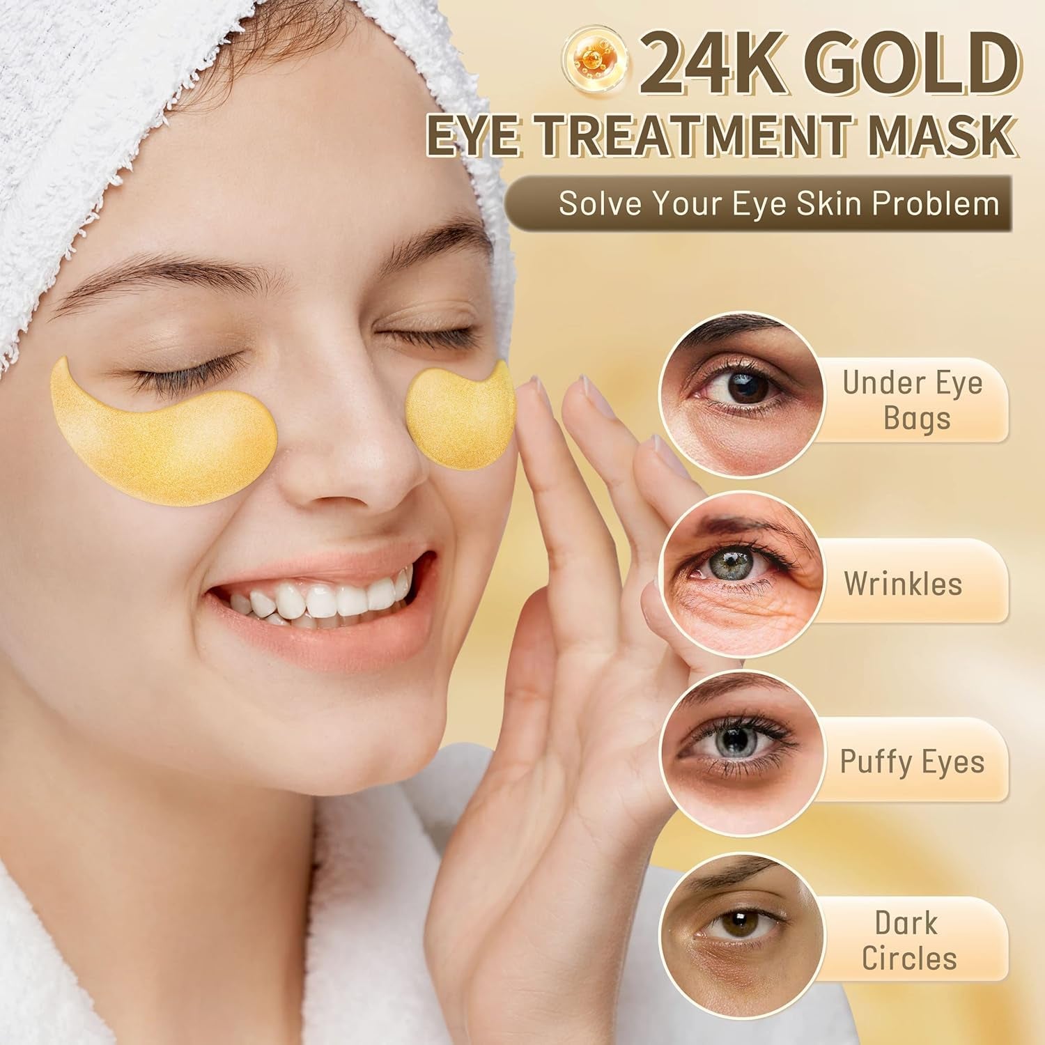 Hicream 24K Gold Collagen Eye Patches – Hyaluronic Acid for Dark Circles, Puffiness & Anti-Ageing | 30 Pairs