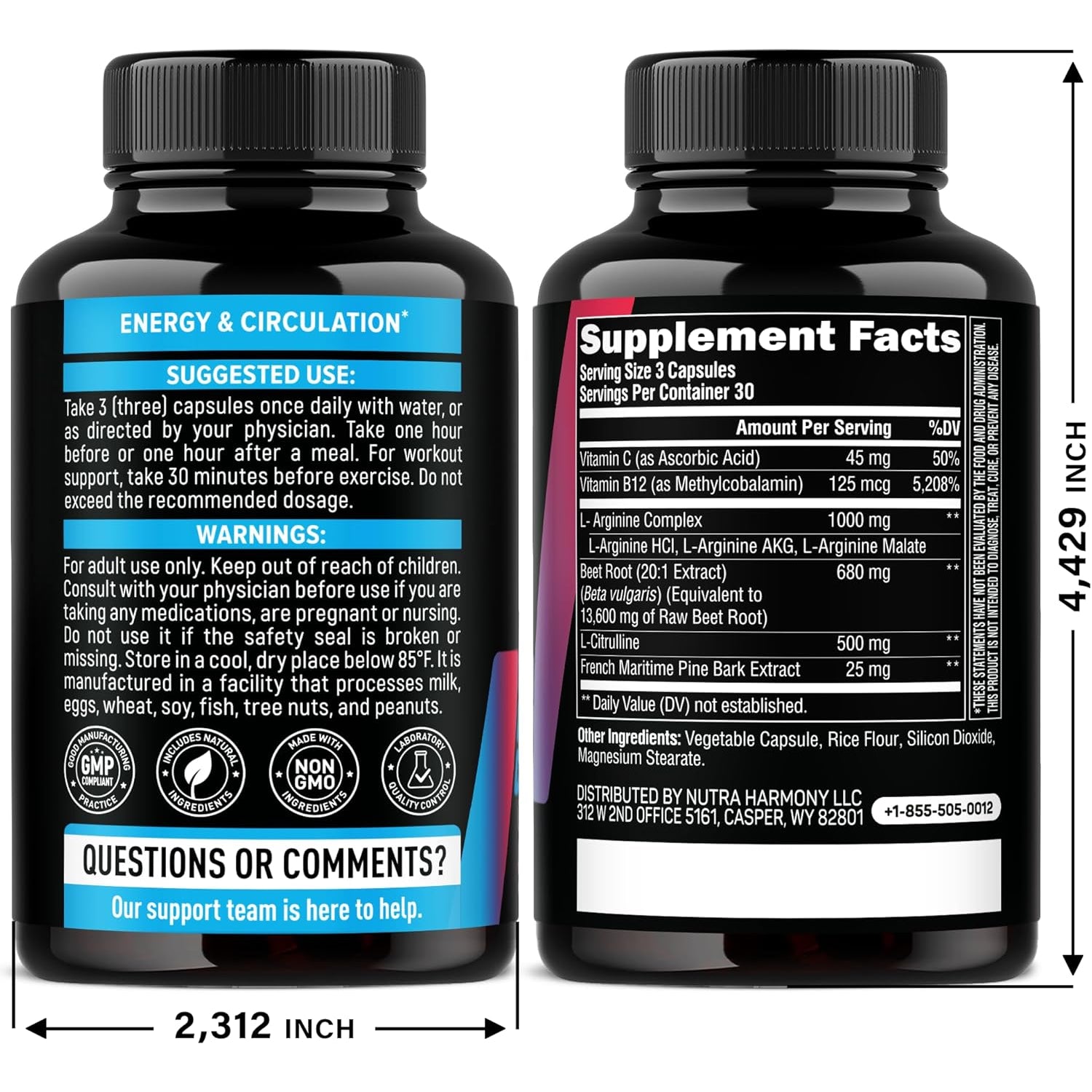 NUTRAHARMONY Nitric Oxide Supplement for Women — 60 Capsules | 2,250mg Blend for Circulation, Energy & Endurance Support
