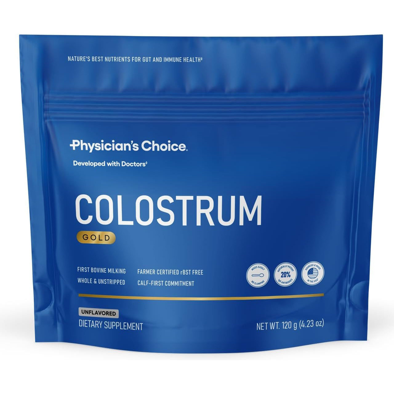 Physician's Choice Colostrum Gold Powder – First-Day Milking | Gut Health & Immune Support | IgG Antibodies & Bioactive Nutrients | Whole & Unstripped | Made in USA | 60 Servings