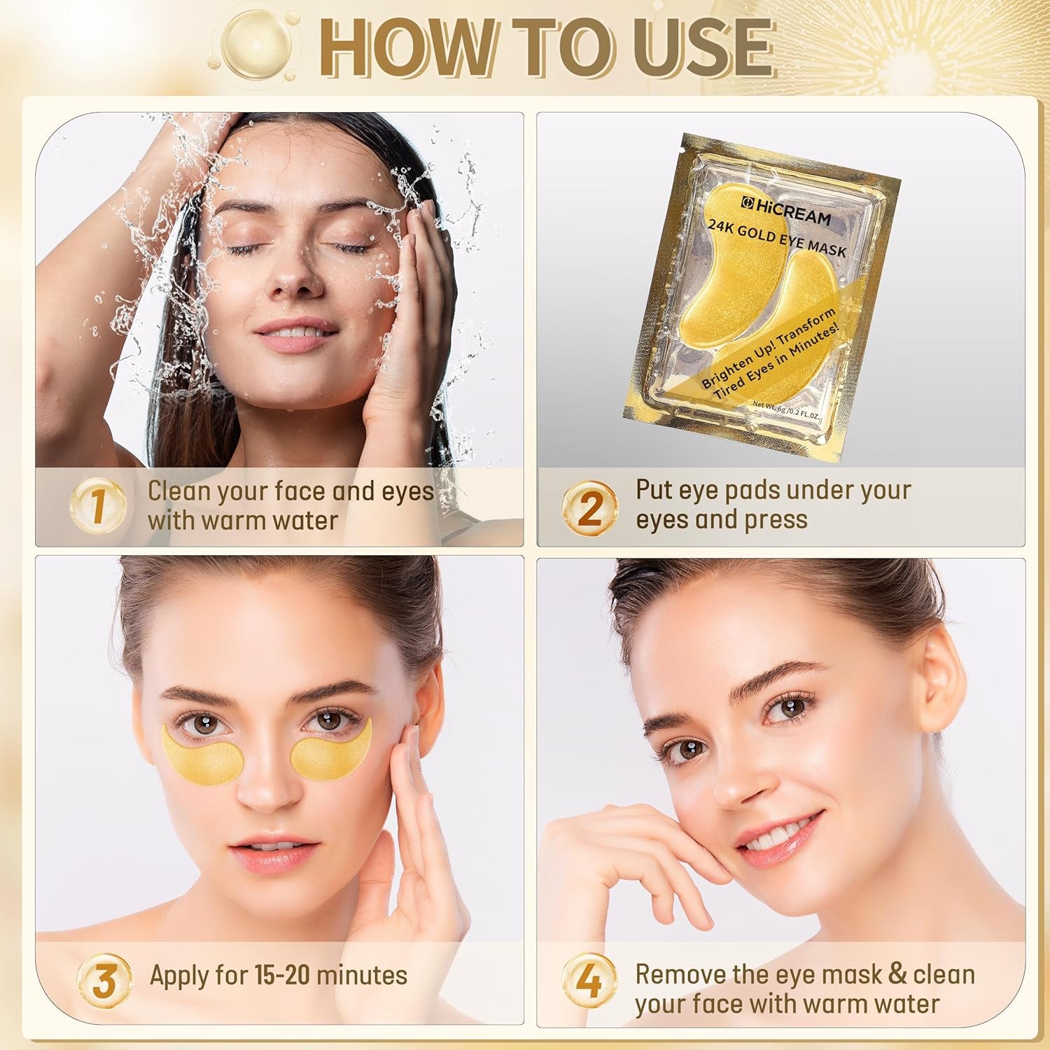 Hicream 24K Gold Collagen Eye Patches – Hyaluronic Acid for Dark Circles, Puffiness & Anti-Ageing | 30 Pairs